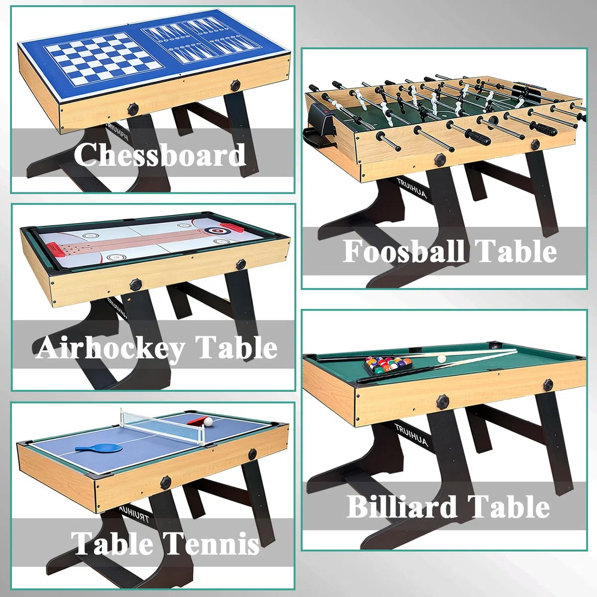 12-in-1 Multi Spieltisch, Kicker Multigame Klappbar mit Tischfußball, Billardtisch, Tischtennis, Hockey, Shuffleboard, Bowling, Schach, Dame, Backgammon und Poker samt sämtlichem Zubehör