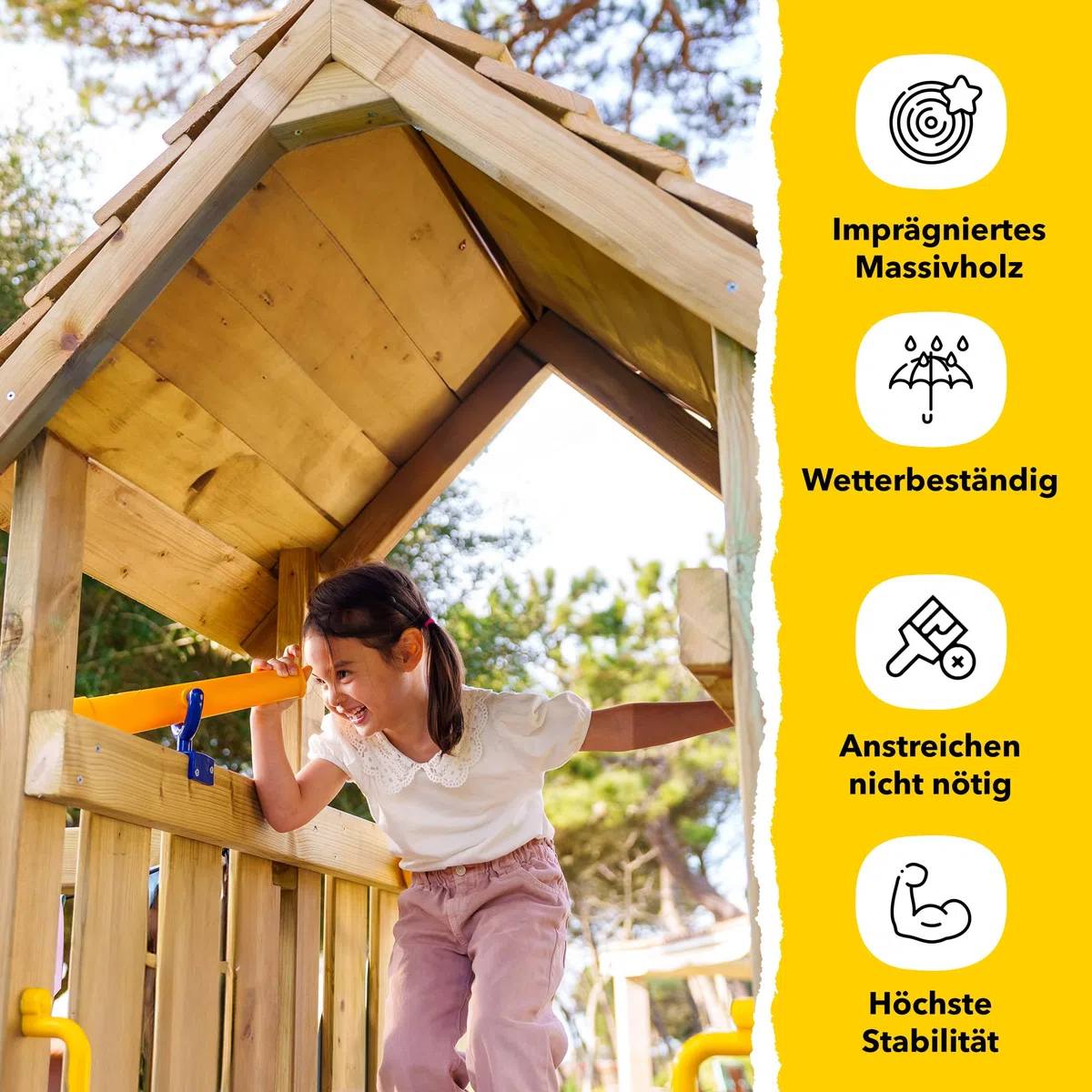 WICKEY Spielturm Klettergerüst MultiFlyer Holzdach mit Schaukel & Rutsche, Kletterturm mit Holzdach, Sandkasten, Leiter & Matschküche - pastellgrün