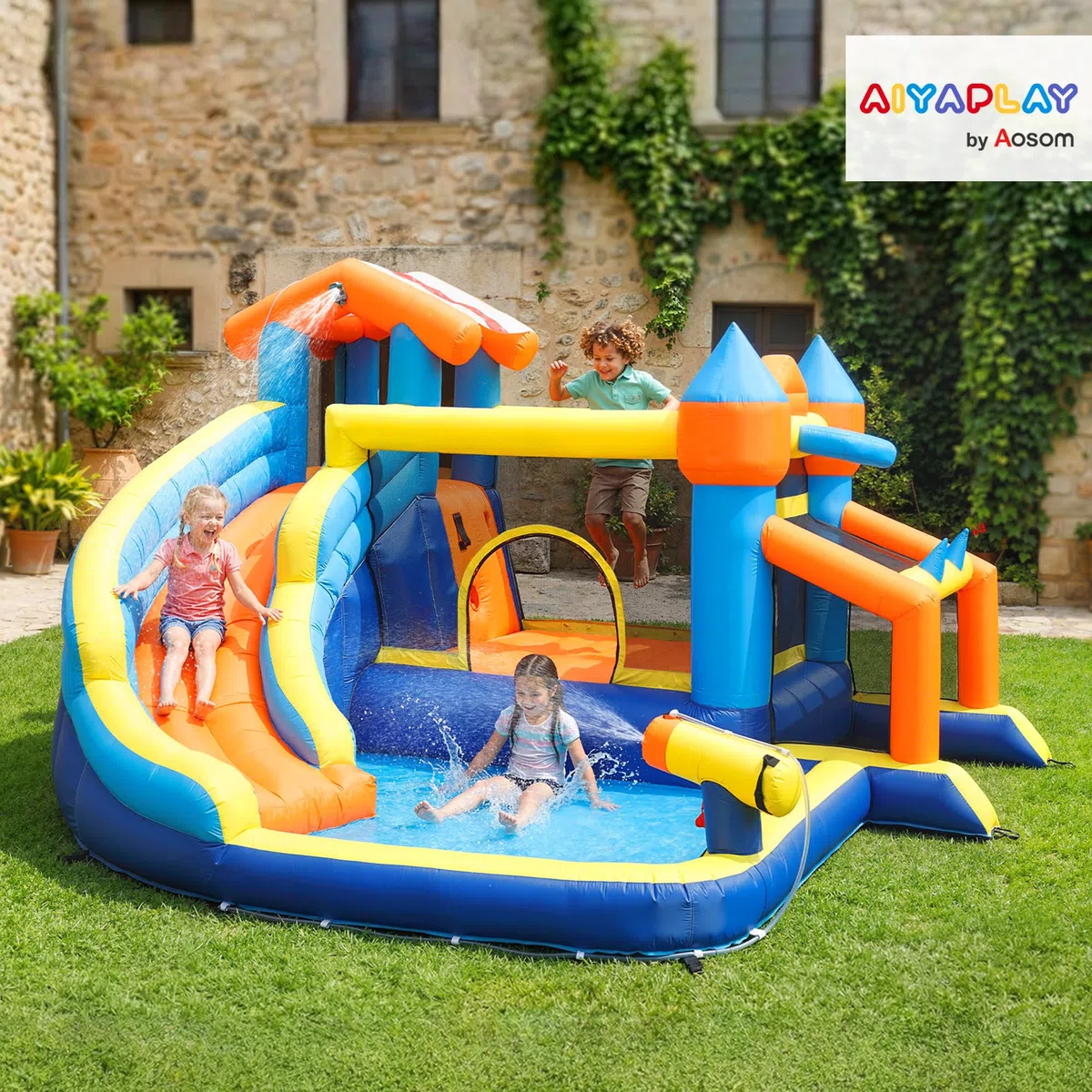 AIYAPLAY Hüpfburg mit Gebläse 8-in-1 aufblasbare Wasserpark mit Wasserrutsche Planschbecken Trampolin Kletterwand Basketballkorb Springburg für 4 Kinder von 3–8 Jahren für Indoor Outdoor 350x325x210cm
