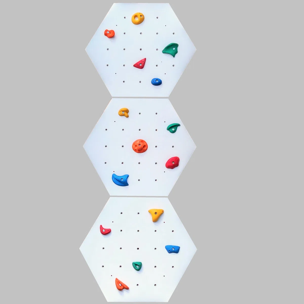 Kletterwand für Kinderzimmer - Hexagon - Weiß - Indoor - Heimklettergerüst - Spielplatz - Trainingsgeräte für Zuhause - 3X Wandpaneel 86x75 cm - mit 15 bunten Griffen/Steinen