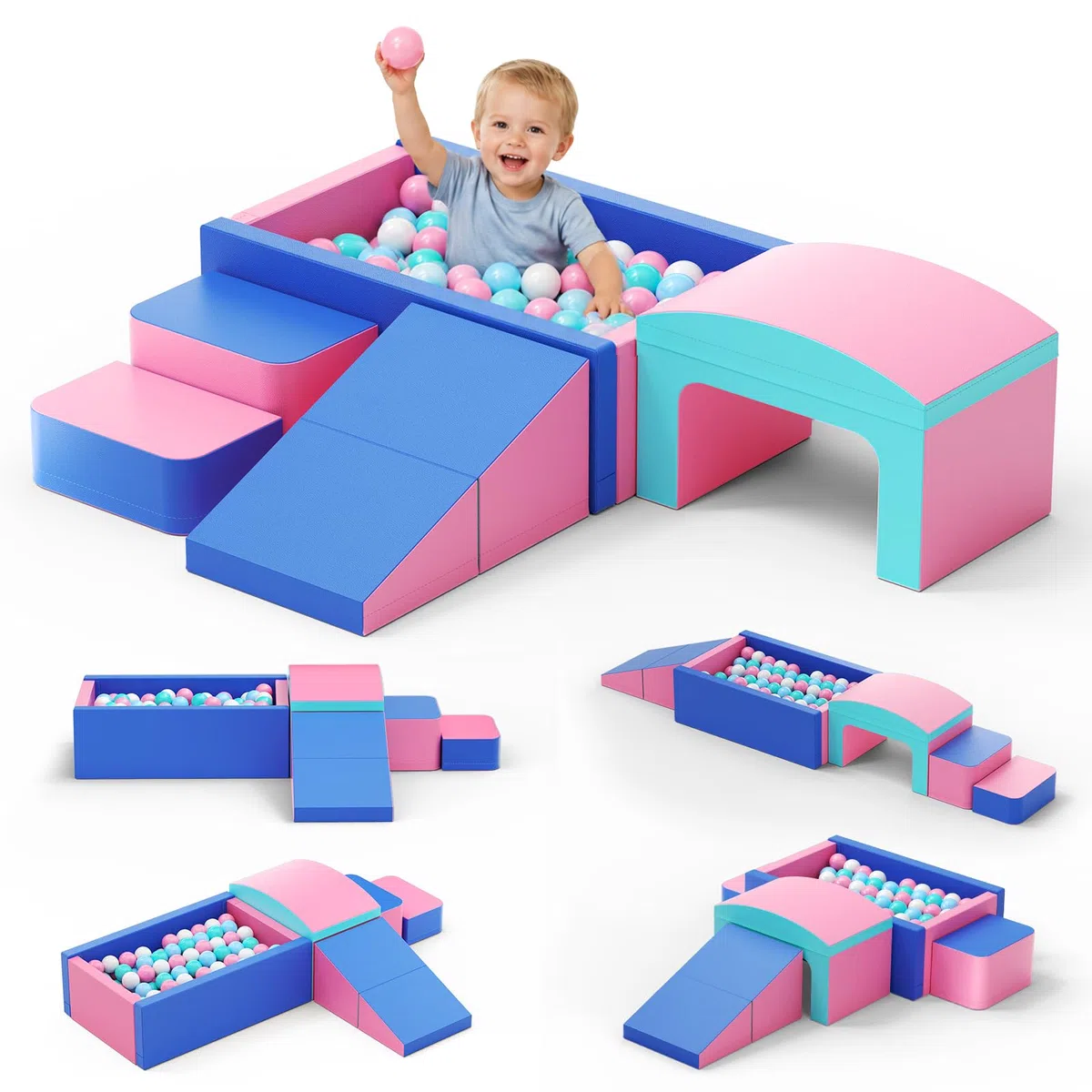 6pcs Schaumstoff Bausteine Kinder, Schaumstoff Bausteine mit Bällebad & Tunnel, weiche Softbausteine als Indoor-Klettergerüst für Kleinkinder, Rosa & Blau