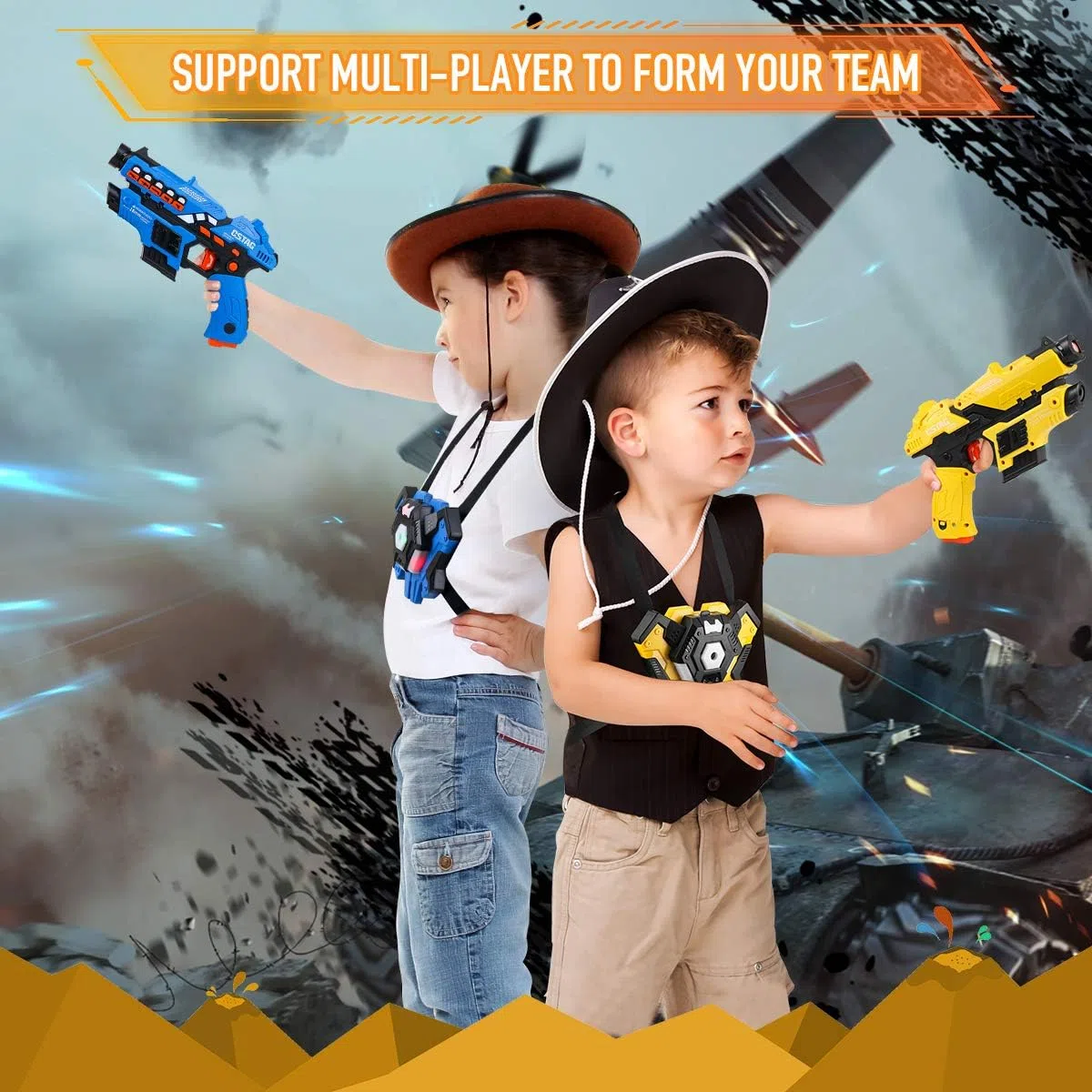 VATOS Laser Tag Spielzeug Pistole Sprühfunktion und LED-Bildschirm, 4er-Set Lasertag mit Westen für Kinder Teenager Erwachsene Familie, Gruppenspielzeug für 6 7 8 9 10 11 12+ Jungen Mädchen