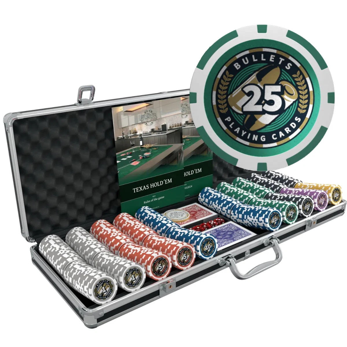 Bullets Playing Cards | Pokerkoffer Deluxe „Christopher“ mit 500 Plastik Pokerchips 12g | Pokerset mit Karten, Würfeln, Dealer Button & Regeln für Texas Holdem