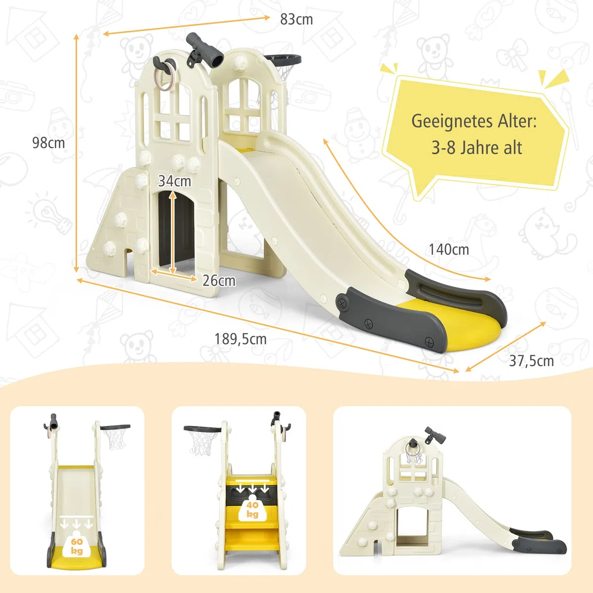COSTWAY Kinder Rutsche, 6 in 1 Kinderrutsche & Leiter & Basketballkorb & Wurfring & Teleskop & Tunnel, Kinder Spielplatz, Rutsch Indoor Outdoor ab 3 Jahre alt (Gelb)