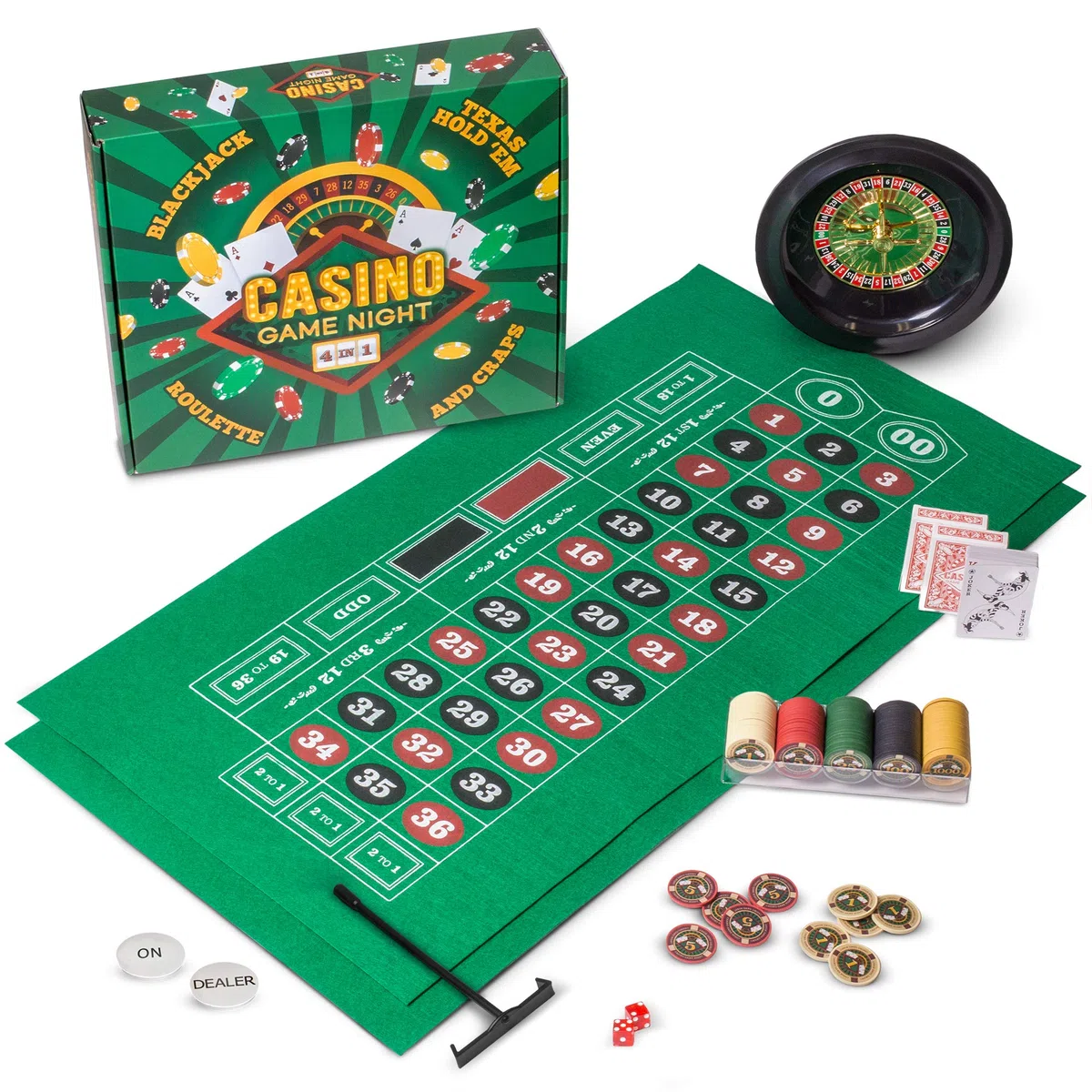Brybelly Casino Night 4-in-1 Komplettes Spielset mit Filz, Rad, 100 Chips, Würfel & Karten für Blackjack, Craps, Roulette & Texas Hold'em - Grüner Filz Doppelseitige Casino Tischplatte Gamingmatte