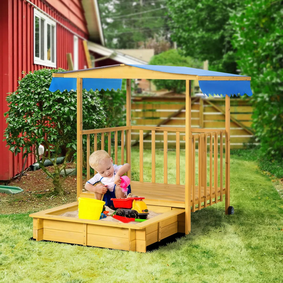 Outsunny Sandkasten mit Dach, Sandkiste aus Holz mit Spielhaus, 133 x 129 x 137,5 cm Sandbox mit Rollen für 3-8 Jahre Kinder, Garten, Natur