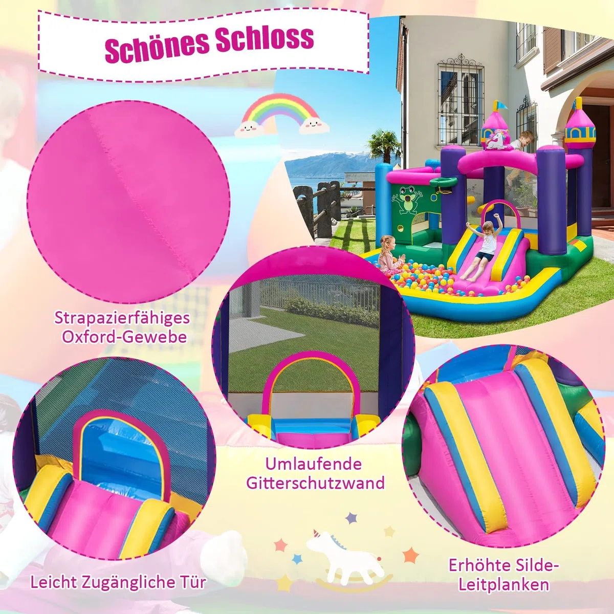 DREAMADE Einhorn Aufblasbare Hüpfburg mit 680 W Gebläse, Wasserpark mit Planschbecken & Rutsche & Springbereich, Spielburg mit Reparaturset & Tragetasche, Hüpfschloss 390 X 330 X 270 cm (mit Gebläse)