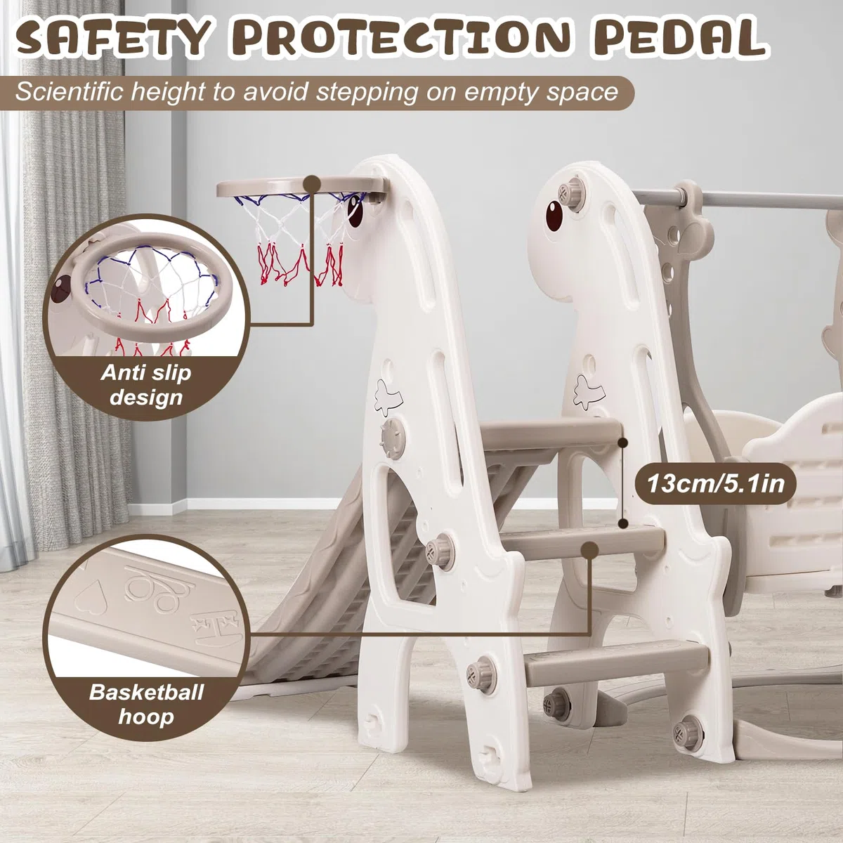 Kleinkindrutsche Set, Indoor Baby Rutsche Kletter Freistehendes Spielset mit Basketball-Reifen & Höhenverstellbare Schaukel (Grau)