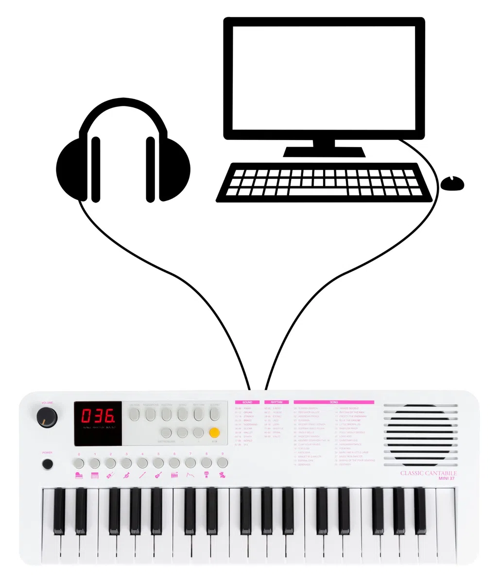Classic Cantabile MINI-37 Keyboard - 37 Mini-Tasten - Stromversorgung über USB-C oder Batterien - 100 Sounds und Rhythmen - USB-MIDI - Lautsprecher und Kopfhörerausgang - weiß-pink