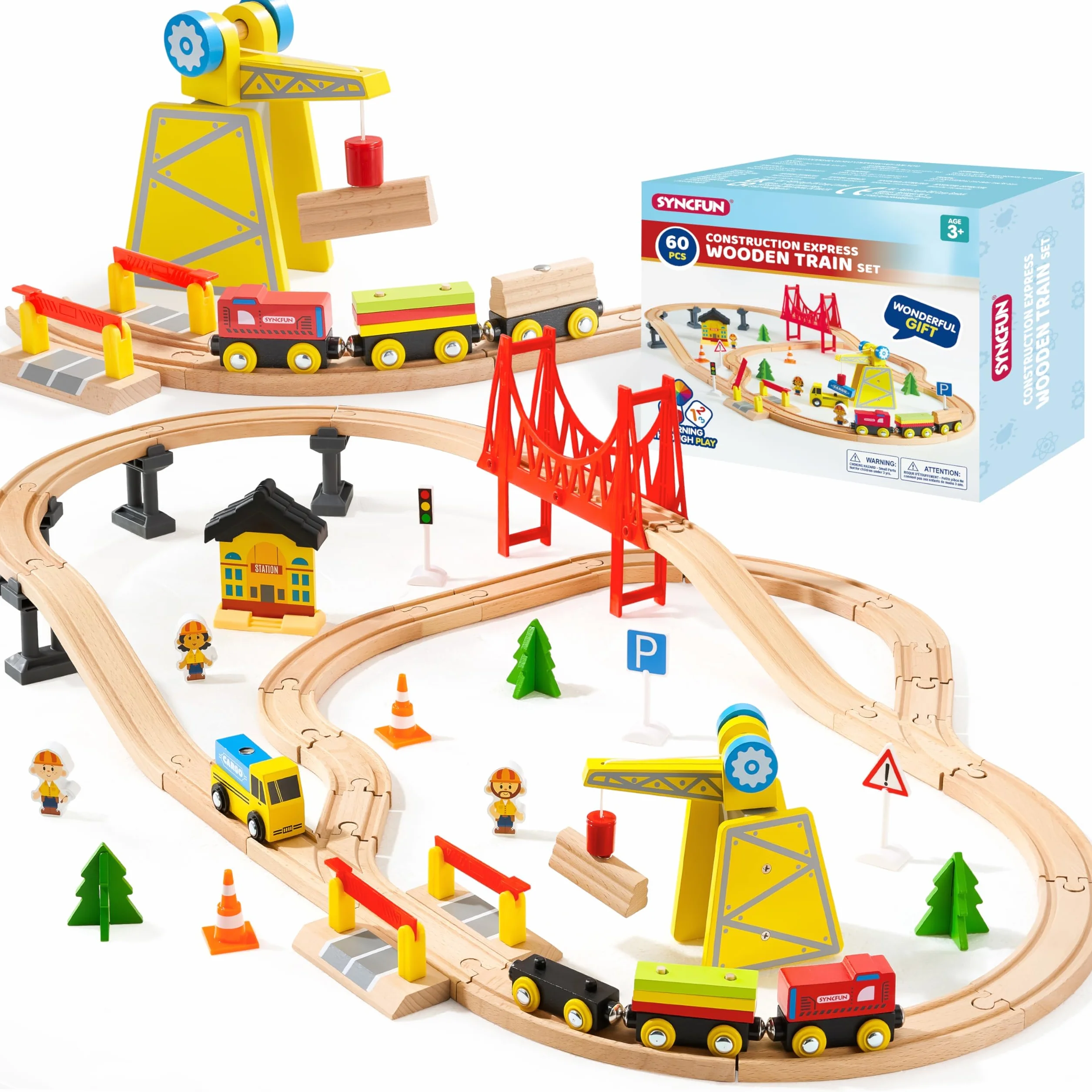 SYNCFUN 60-teiliges Montessori Holzeisenbahn Set Spielzeug ab 3-8 Jahren Baustellenfahrzeuge mit Magnetkran