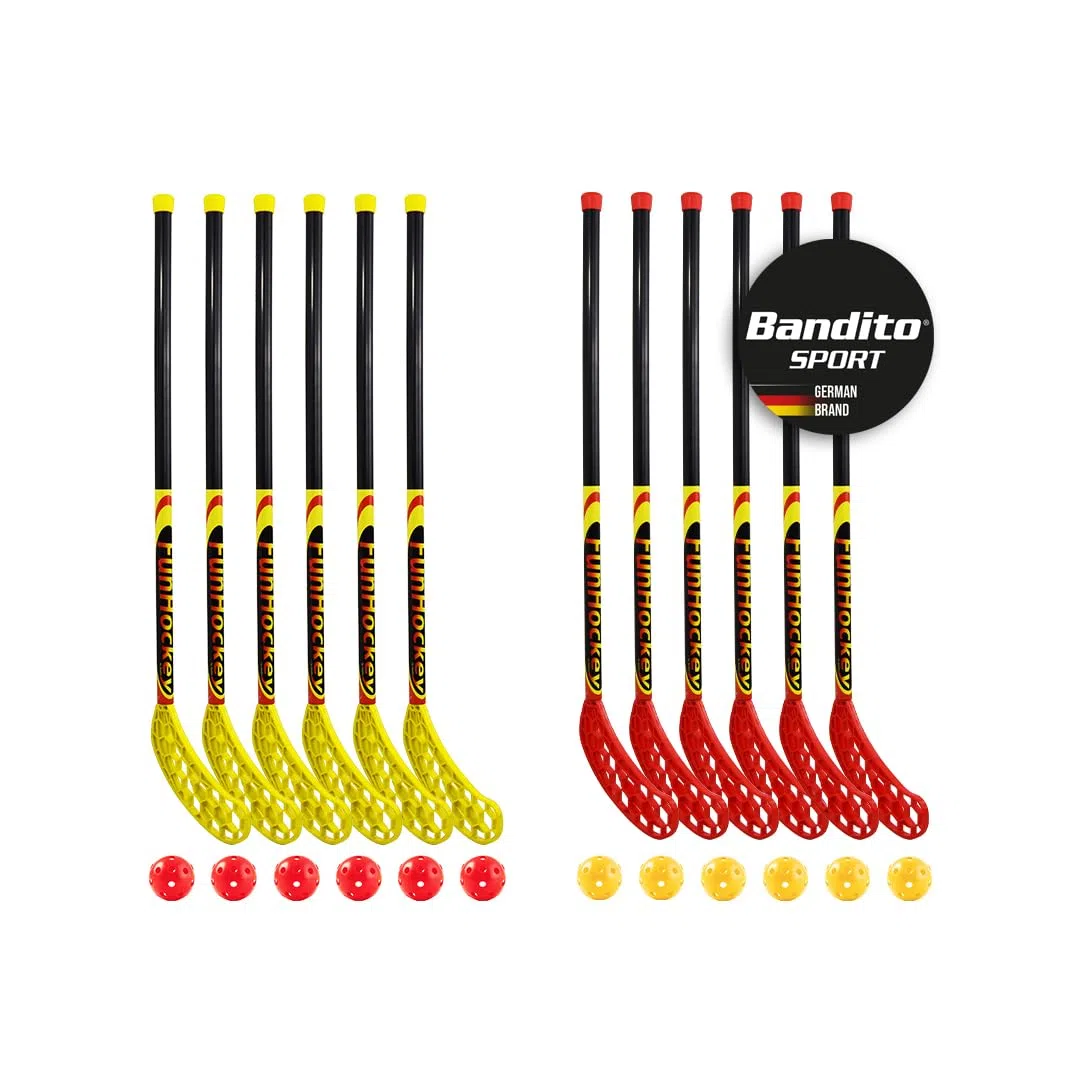 Bandito FunHockey Schlägersets mit Bälle, Floorball Stick, Streethockey Outdoor/Indoor, Team-Set mit 12 Schläger + 12 Bälle und 2 Schläger 2 Bälle, sowie 4 Schläger + 4 Bälle inkl. Tragetasche