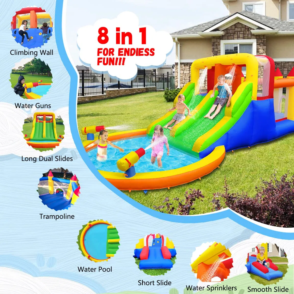 Baralir Große Aufblasbare Kinder-Hüpfburg mit Nass- und Trockenrutsche, Abenteuerspielplatz für den Garten, Hält bis zu 5 Kinder/200KG (ohne Gebläse) 6.28L x 2.93W x 1.95H m
