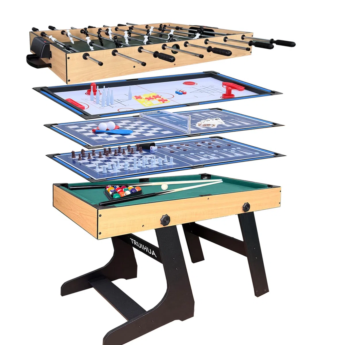 12-in-1 Multi Spieltisch, Kicker Multigame Klappbar mit Tischfußball, Billardtisch, Tischtennis, Hockey, Shuffleboard, Bowling, Schach, Dame, Backgammon und Poker samt sämtlichem Zubehör