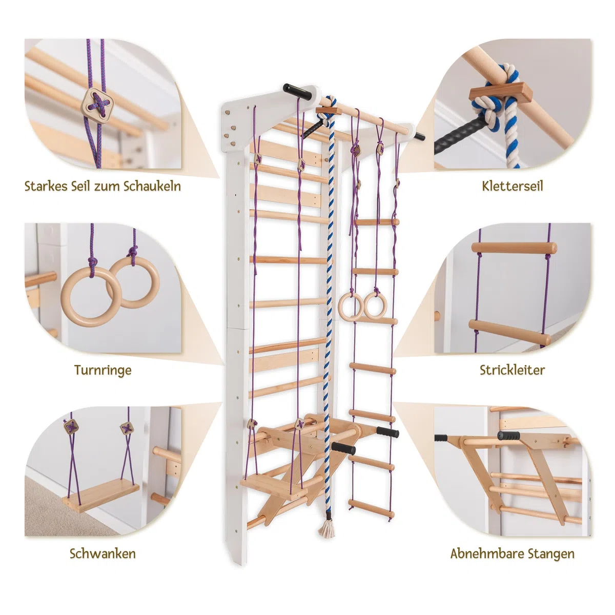 Sprossenwand Holz mit Zubehör (Ringe, Seil, Schaukel) - Indoor Klettergerüst für Kinder & Erwachsene - Turnwand massiv bis 150kg - Kletterwand für das Kinderzimmer (Weiß)