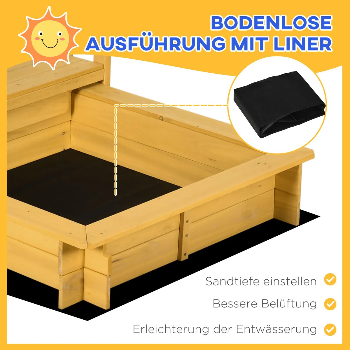 Outsunny Sandkasten mit Dach, Sandkiste aus Holz mit Spielhaus, 133 x 129 x 137,5 cm Sandbox mit Rollen für 3-8 Jahre Kinder, Garten, Natur