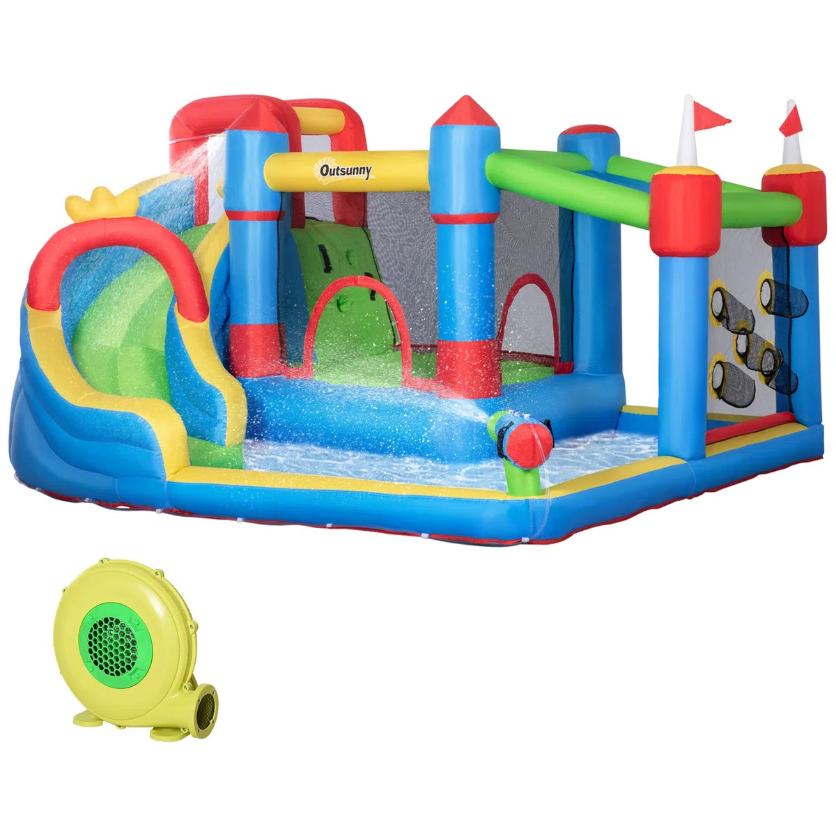 Outsunny Hüpfburg mit Gebläse für Kinder aufblasbare 6 in 1 Wasserpark mit Wasserrutsche Planschbecken Kletterwand Trampolin Wasserpistole für Indoor Outdoor Geschenk Geburtstag für 3 Kinder 3–8 Jahre