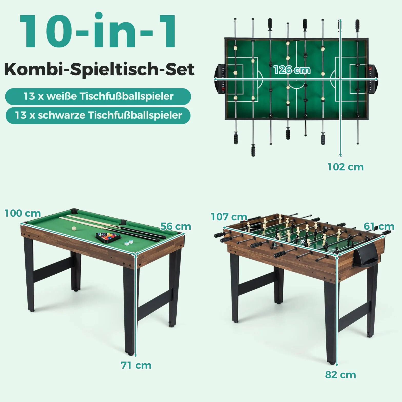 COSTWAY 10 in 1 Multi Spieltisch, Multifunktionstisch mit Tischfußball, Hockey, Billard, Shuffleboard, Bowling & 4 Brettspiele, Kombi-Tisch aus Holz Spielzimmer, Tischkicker für Kinder, Erwachsene