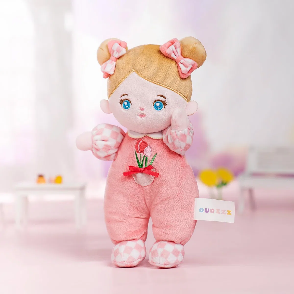 OUOZZZ Baby Puppe, Weiche Stoffpuppe mit Kleidung, Rosa Tulpe Mini-Puppe Kuschelpuppe für Kinder ab 3 Monaten - Baby Geschenk zur Geburt Mädchen Jungen, 25cm