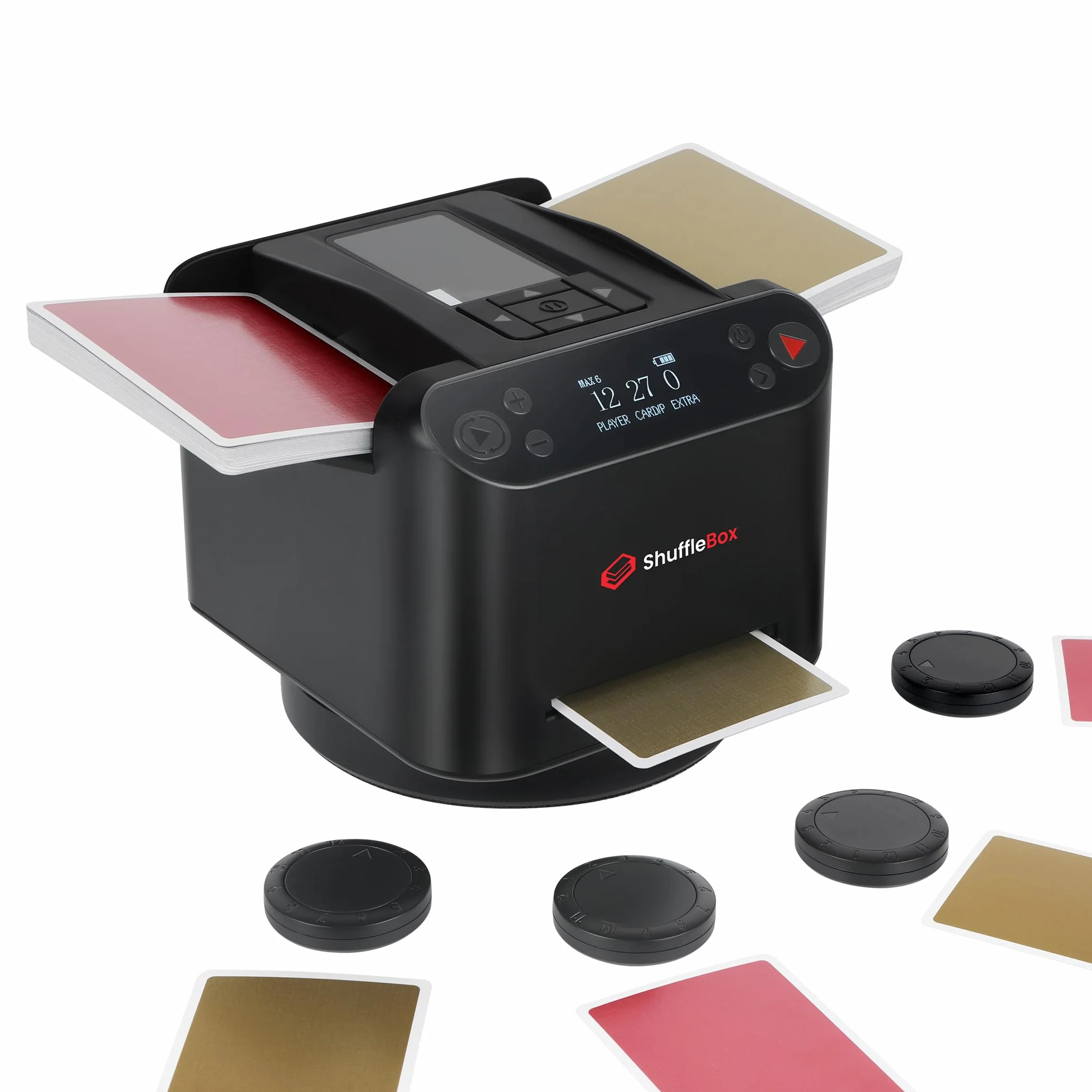 ShuffleBox G1 Pro Automatische Kartenmischer und Kartensender 2 in 1,Ultra leise,für UNO, Taco Cat Ziegenkäse Pizza, fünf Kronen, Monopoly Deal, Bycicle und Maverick Karte (Schwarz)
