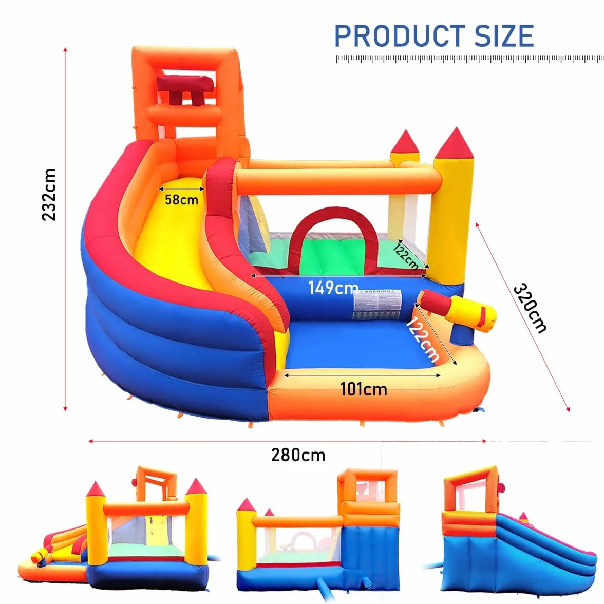 Ballsea Große Hüpfburg mit Gebläse, Trocken-/Wasserrutsche, geeignet für Kinder von 3 bis 10 Jahren, Children's Bouncy Castle for Indoor or Outdoor use 320 x 280 x 232 cm