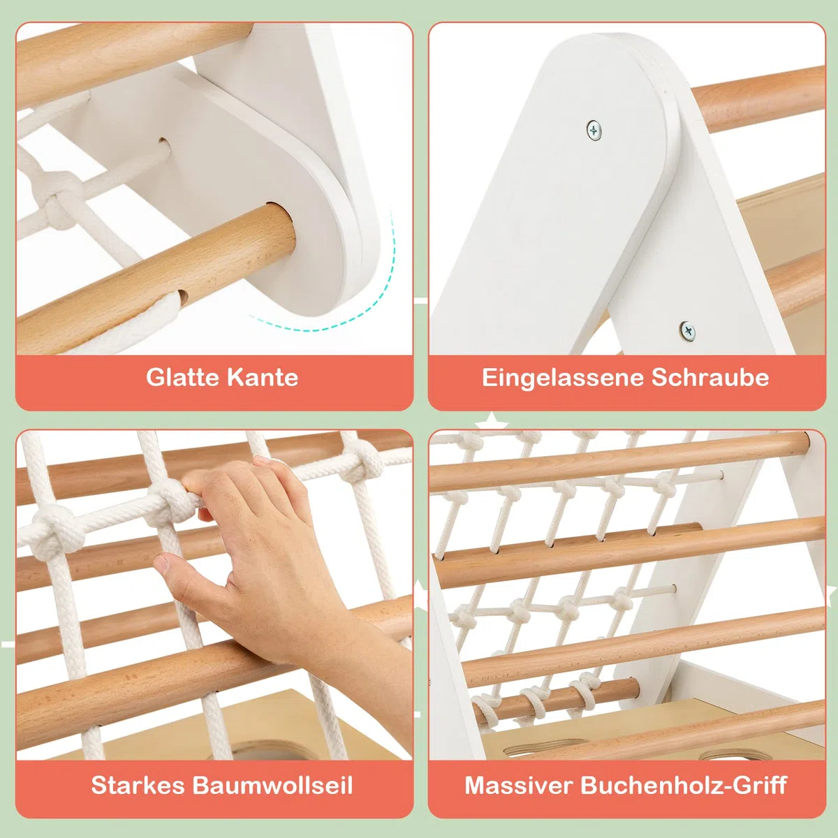 COSTWAY 4 in 1 Kletterdreieck mit Rutsche, Klettergerüst aus Holz, Sprossendreieck zum Rutschen und Klettern, für Kinder ab 1 Jahre (Weiß+Natur)