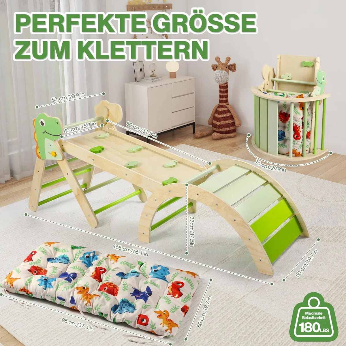 7-in-1 Montessori Kletterdreieck Set mit Rutsche, Kletterbogen & weichem Kissen – Holz Klettergerüst für Babys & Kleinkinder, Indoor Spielgerät, faltbar & sicher (Dinosaur)