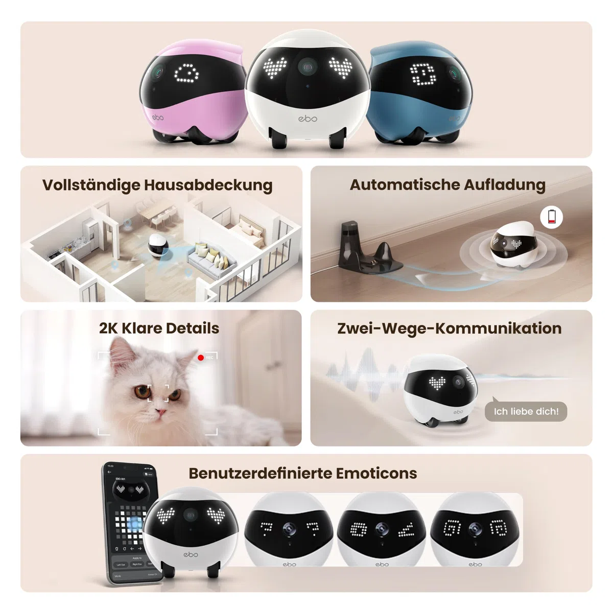 Enabot EBO Air 2 FamilyBot-Intelligenter 2K Überwachungskamera Roboter mit Selbstaufladung,Patrol Roboter für die Heimüberwachung,Kabellose Hundekamera&Katzen Kamera mit Nachtsicht,2-Wege-Audio (Weiß)