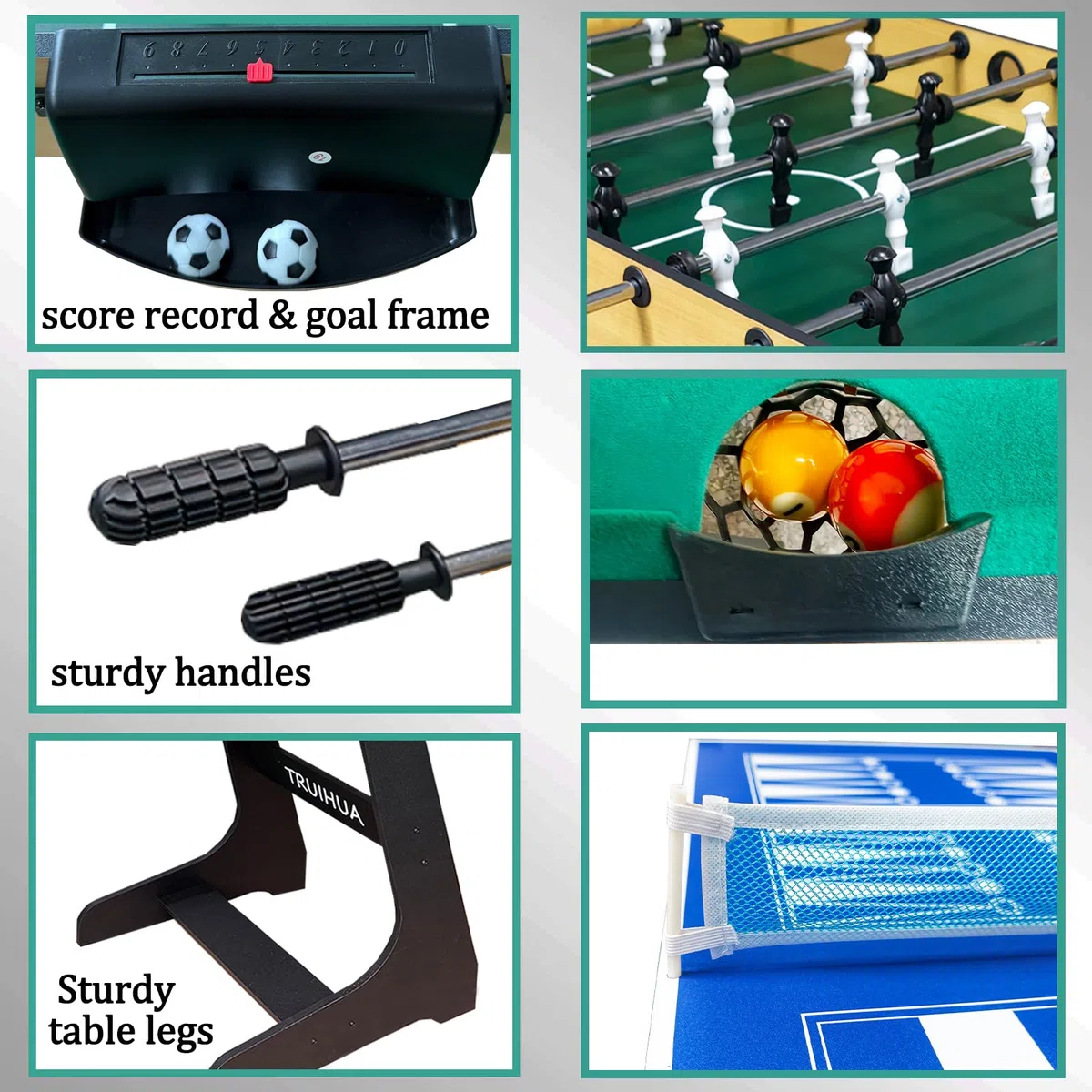 12-in-1 Multi Spieltisch, Kicker Multigame Klappbar mit Tischfußball, Billardtisch, Tischtennis, Hockey, Shuffleboard, Bowling, Schach, Dame, Backgammon und Poker samt sämtlichem Zubehör