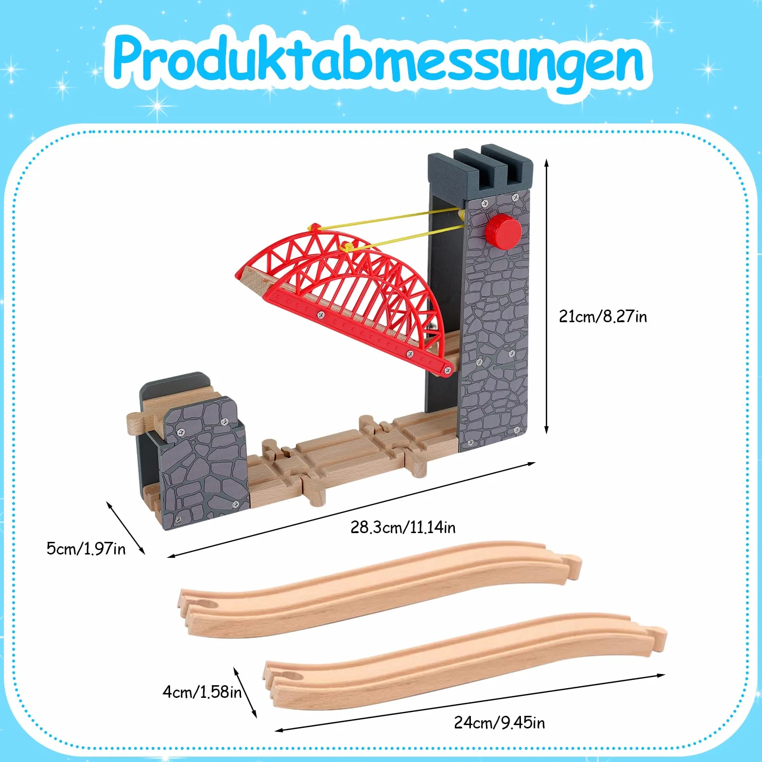 Hebebrücke für Holzeisenbahn, kompatibel mit Allen gängigen Holzeisenbahn-Systemen, Holzschienen-Zubehör, für Kinder ab 3 Jahren