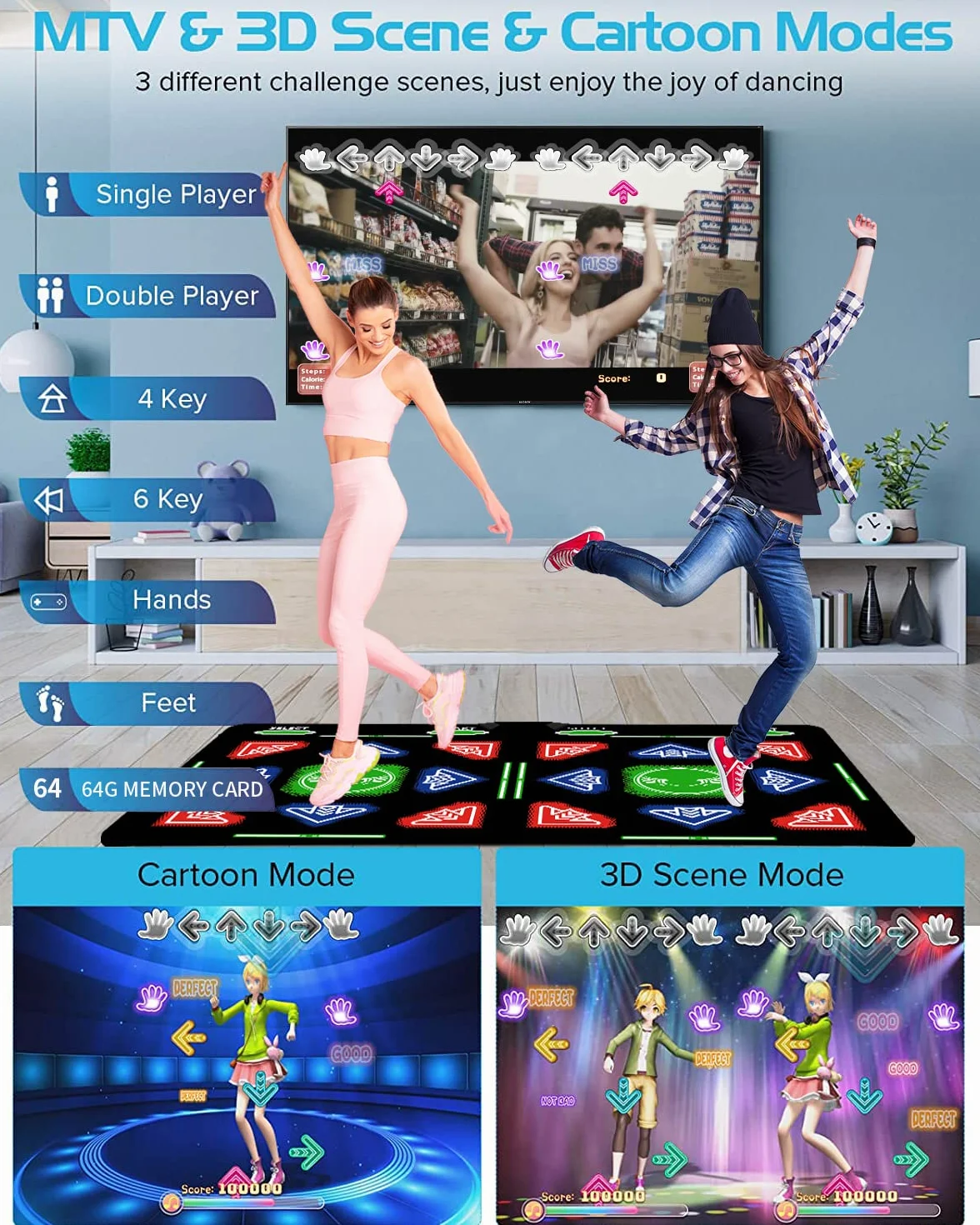 Double Dance Mat für Kinder & Erwachsene,mit 64GB Speicherkarte,1000 Spielen,885Liedern & 81MVs – HDMI Fitness-Tanzmatte mit MV/3D/Cartoon Dance Modus,geeignet für TV-Unterhaltung und Familienfitness