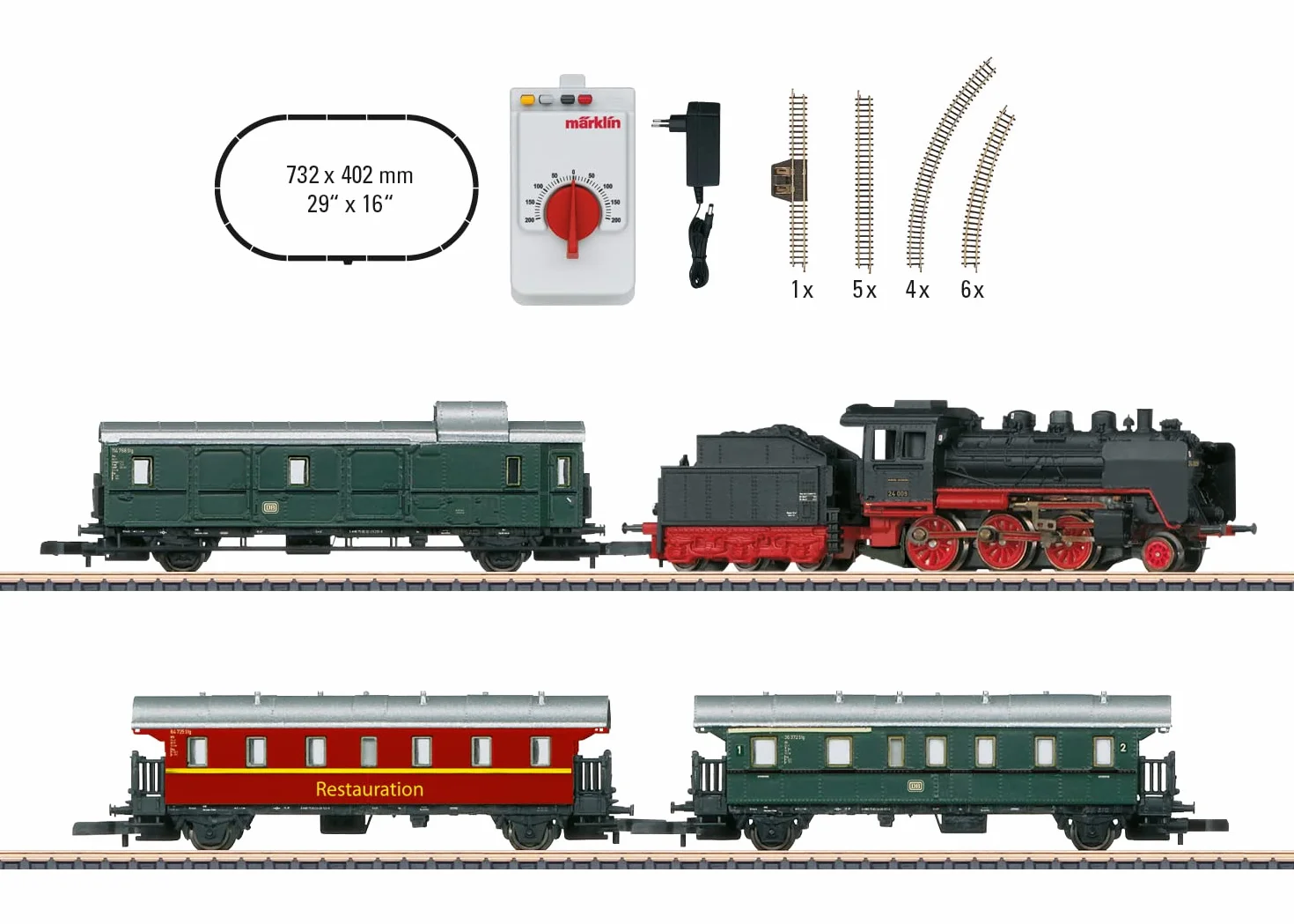 Märklin Modelleisenbahn Startpackung 81874 "Museums-Personenzug mit Dampflok BR 24 – Lokomotive Spur Z, 24 cm aus Metall mit Kunststoff Tender, ab 15 Jahre