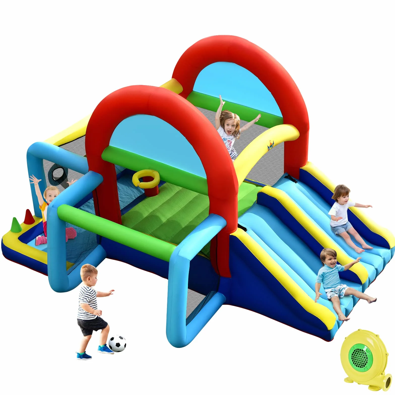 COSTWAY Hüpfburg mit Gebläse, Doppelrutschen, Sprungbereich, Kletterwand, Bällebad, Fußballtor, Basketballkorb, Zielspiel & Ringwurf, Outdoor Hüpfschloss für Kinder, 424 x 300 x 240 cm