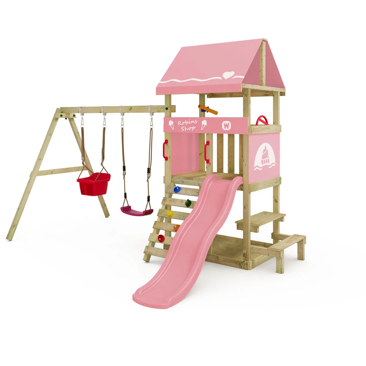 Wickey Spielturm DinkyHouse mit Picknicktisch - pastellpinke Rutsche & Plane - Kinder Kletterturm für den Garten aus Massivholz - 334x317x247 cm