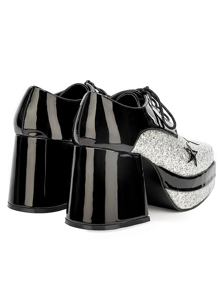 Disco Plateau-Schuhe für Herren - schwarz-Silber- Wet-Look - Schuhgröße: 42-43