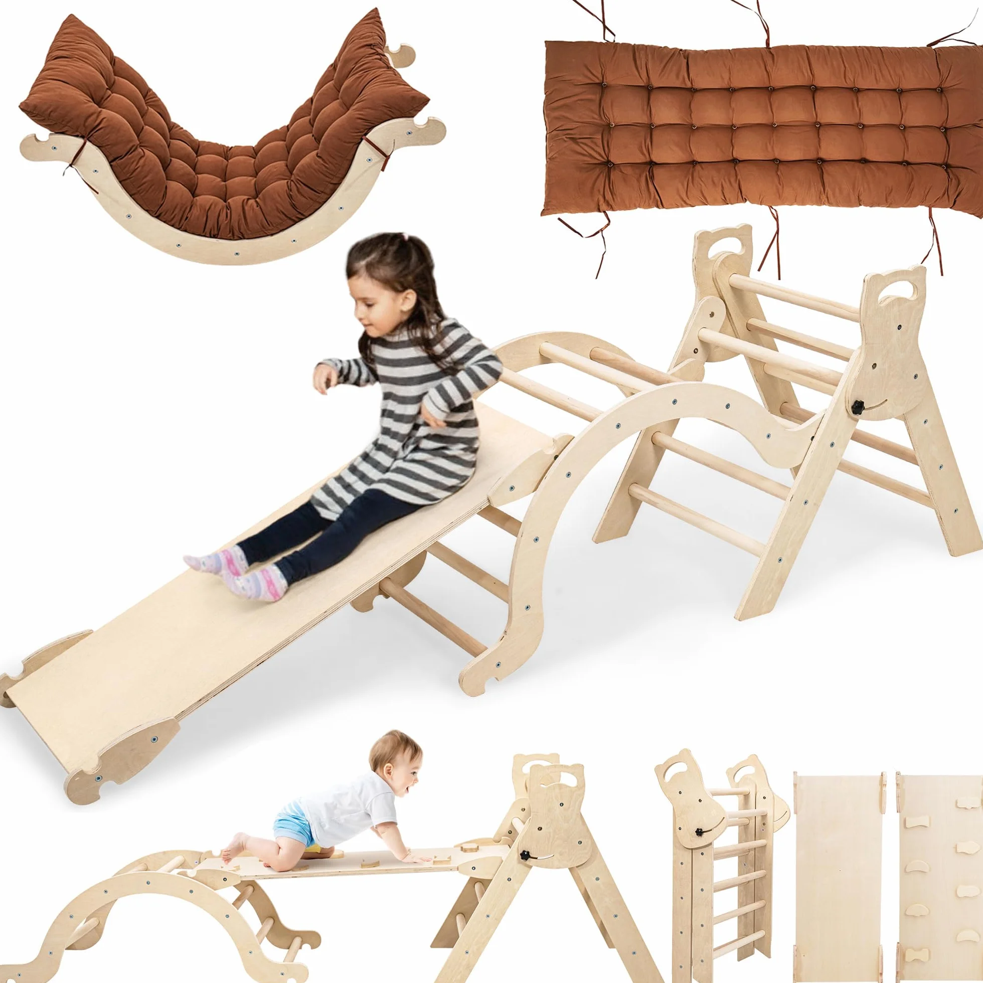 Klettergerüst Indoor Geschenke Junge Mädchen - Montessori Spielzeug ab 1.5 2+ Jahre Junge Mädchen 5 in 1 Kletterdreieck Kletterbogen mit Rutsche Kissen, Geschenke Indoor Spielplatz