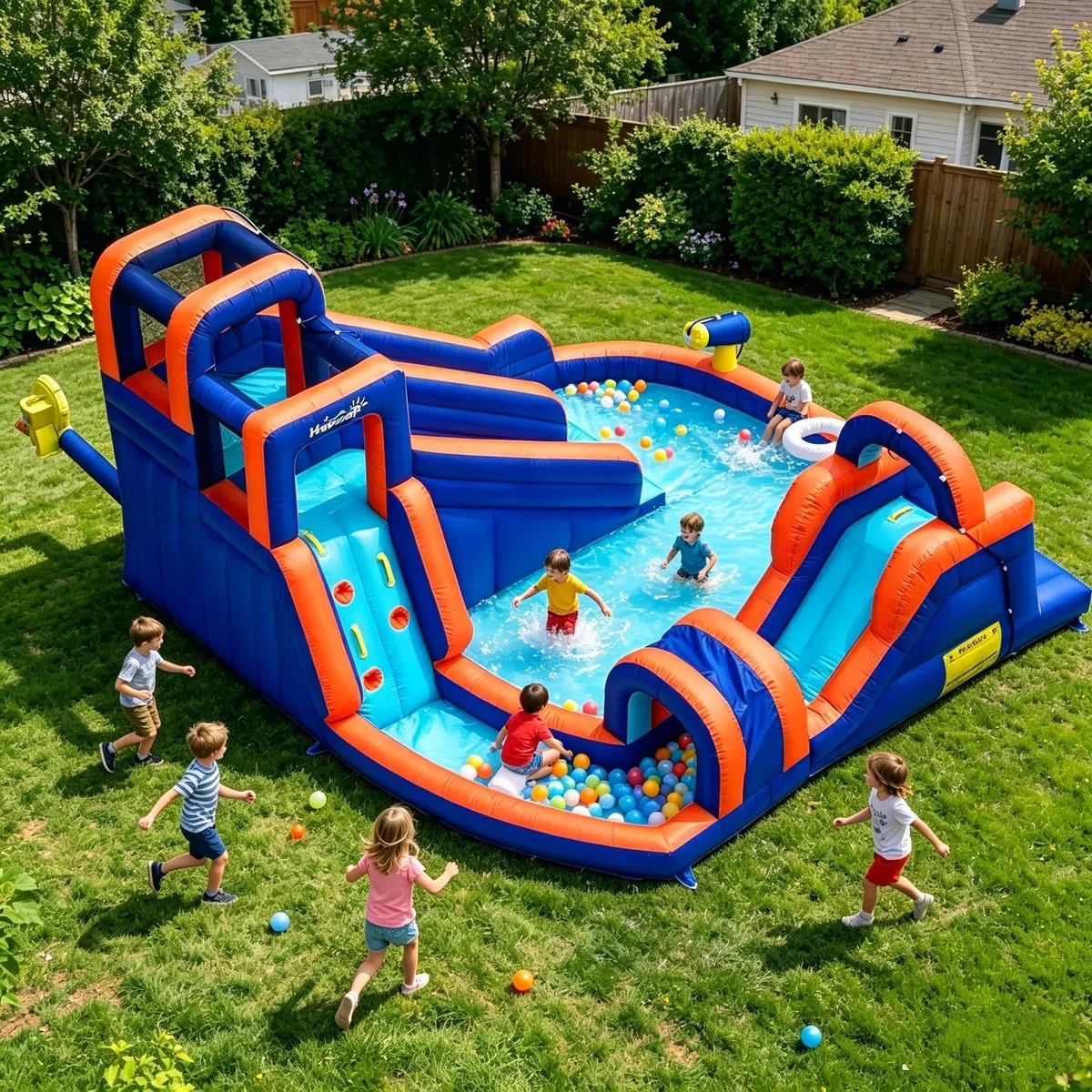 Hüpfburg mit Gebläse,Aufblasbarer Wasserpark mit Rutsche und Kletterwänden,Tunnel,Schwimmbecken, Wasserpistole,Geeignet für 5 Kinder im Alter von 3 bis 8 Jahren (420 x 410 x 240 cm)