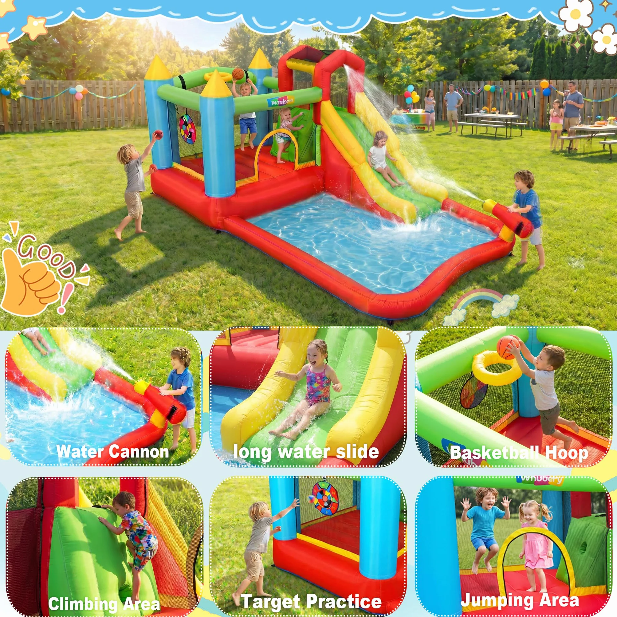 Aufblasbare Wasserrutsche Hüpfburg für Kinder, 2-in-1 Verbindbares Aufblasbares Trampolinburg-Set, Tolles Geschenk für die Gartenparty im Wasserpark, inklusive Gebläse (Verbindbare A)