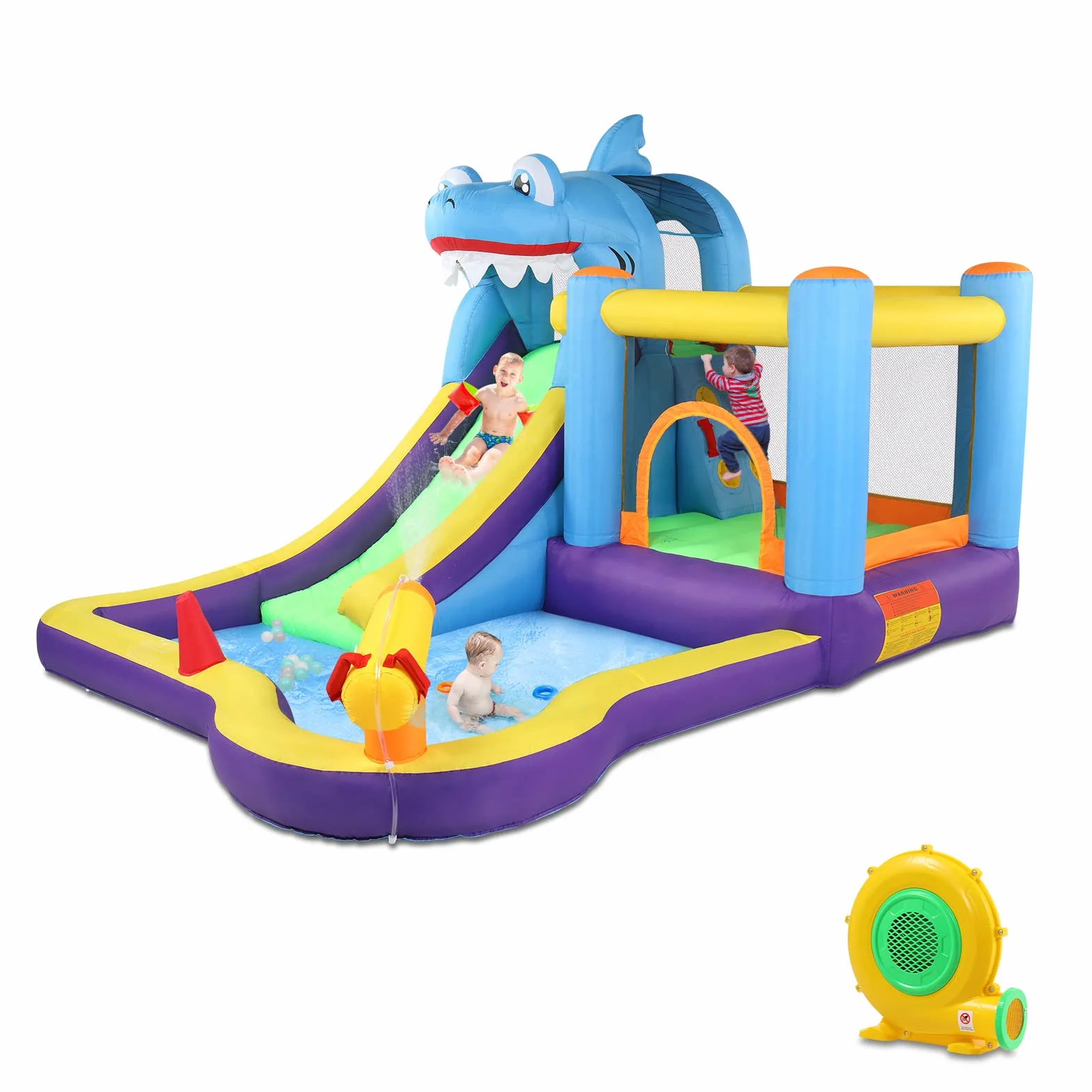 LEADZM Hüpfburg mit Gebläse, Aufblasbare Wasserpark mit Hai-Thema, mit Trampolin, Rutsche, Schwimmbecken, Wasserpistole, Geeignet für 3 Kinder im Alter von 3 bis 10 Jahren, 380x260x240 cm