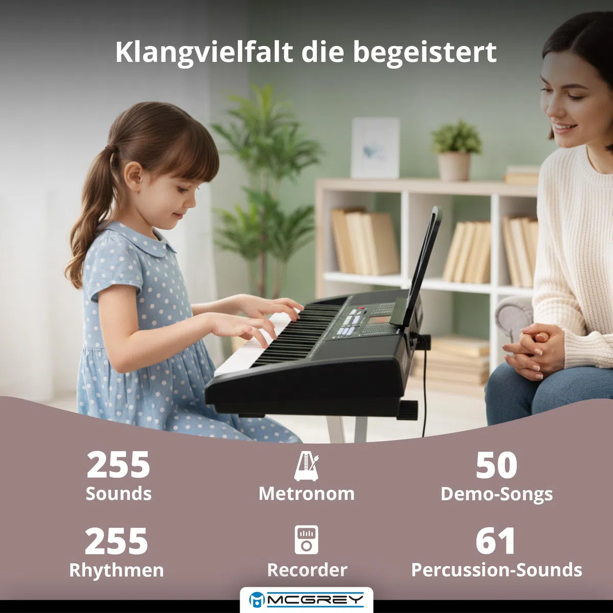 McGrey LK-6120-MIC Keyboard Set - Einsteiger-Keyboard mit 61 Leuchttasten - 255 Sounds und 255 Rhythmen - 50 Demo Songs - Inklusive Mikrofon - Spar-Set inkl. X-Keyboardständer und Kopfhörer - Schwarz