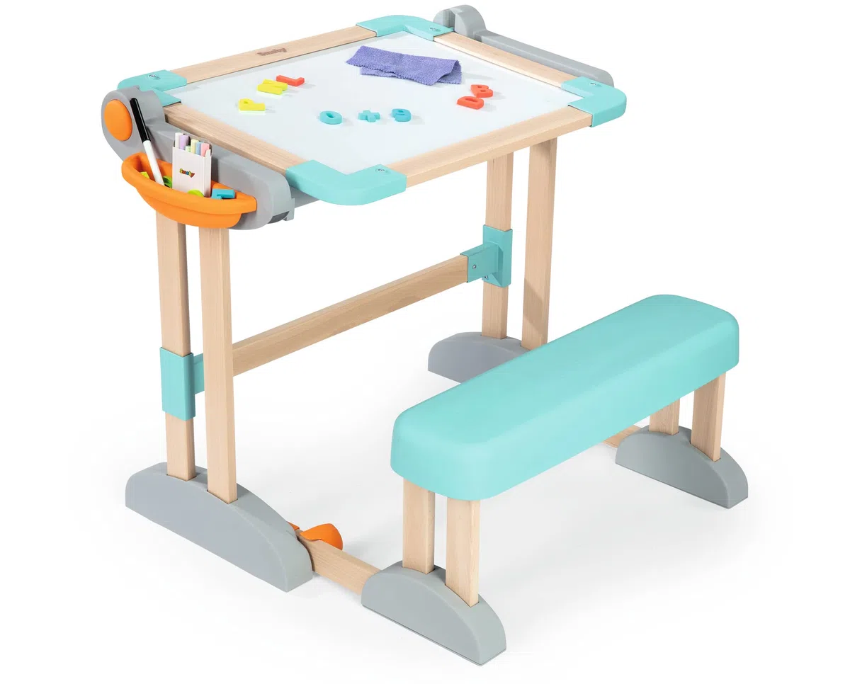 Smoby - Holzschreibtisch 2-in-1 - Zusammenklappbar, Schreibtisch und Kreativtafel, viel Zubehör, aus Buchenholz, für Kinder ab 3 Jahren