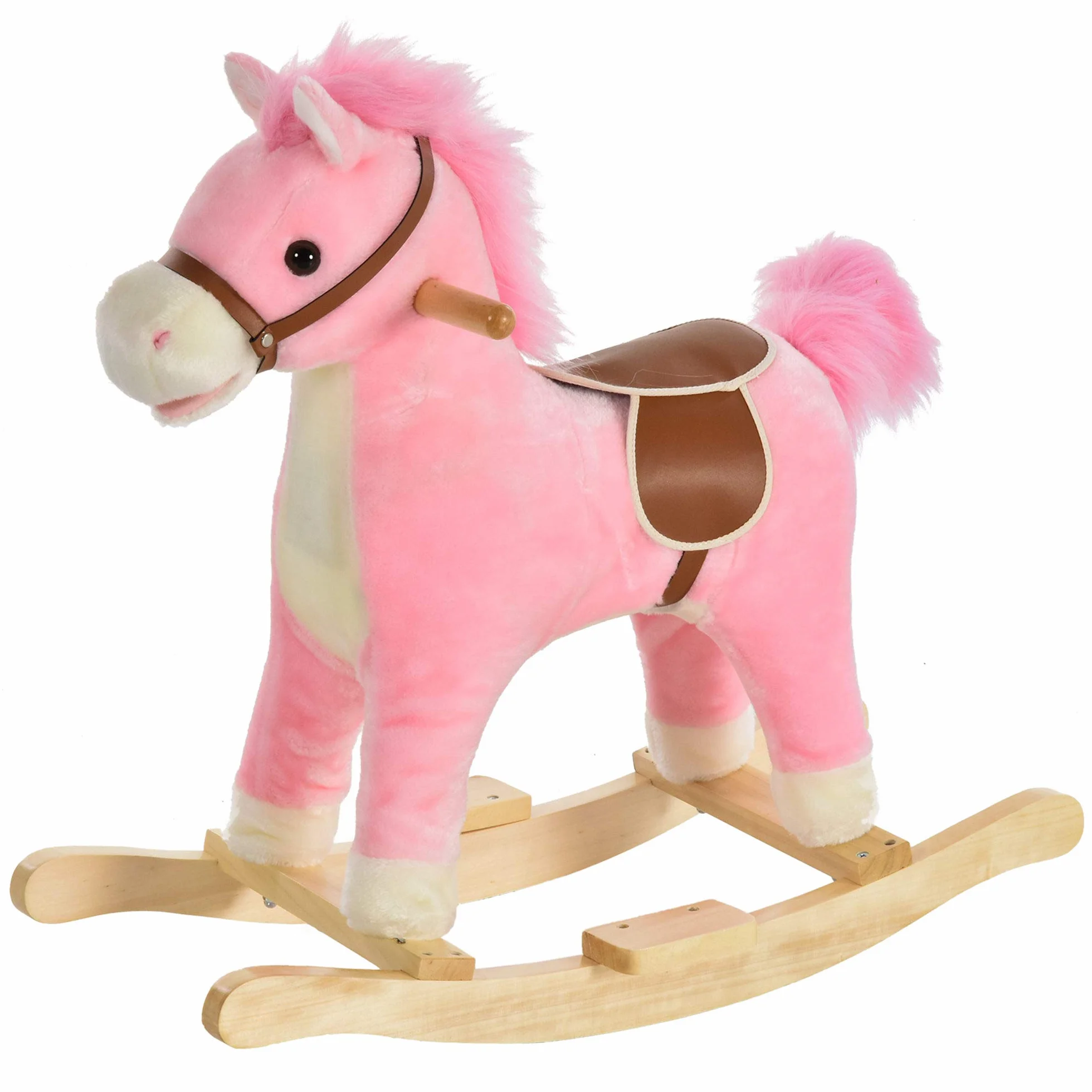 HOMCOM Kinder Schaukelpferd Baby Schaukeltier Pferd mit Tiergeräusche Spielzeug Haltegriffe für 36-72 Monate Plüsch Rosa 65 x 32,5 x 61 cm