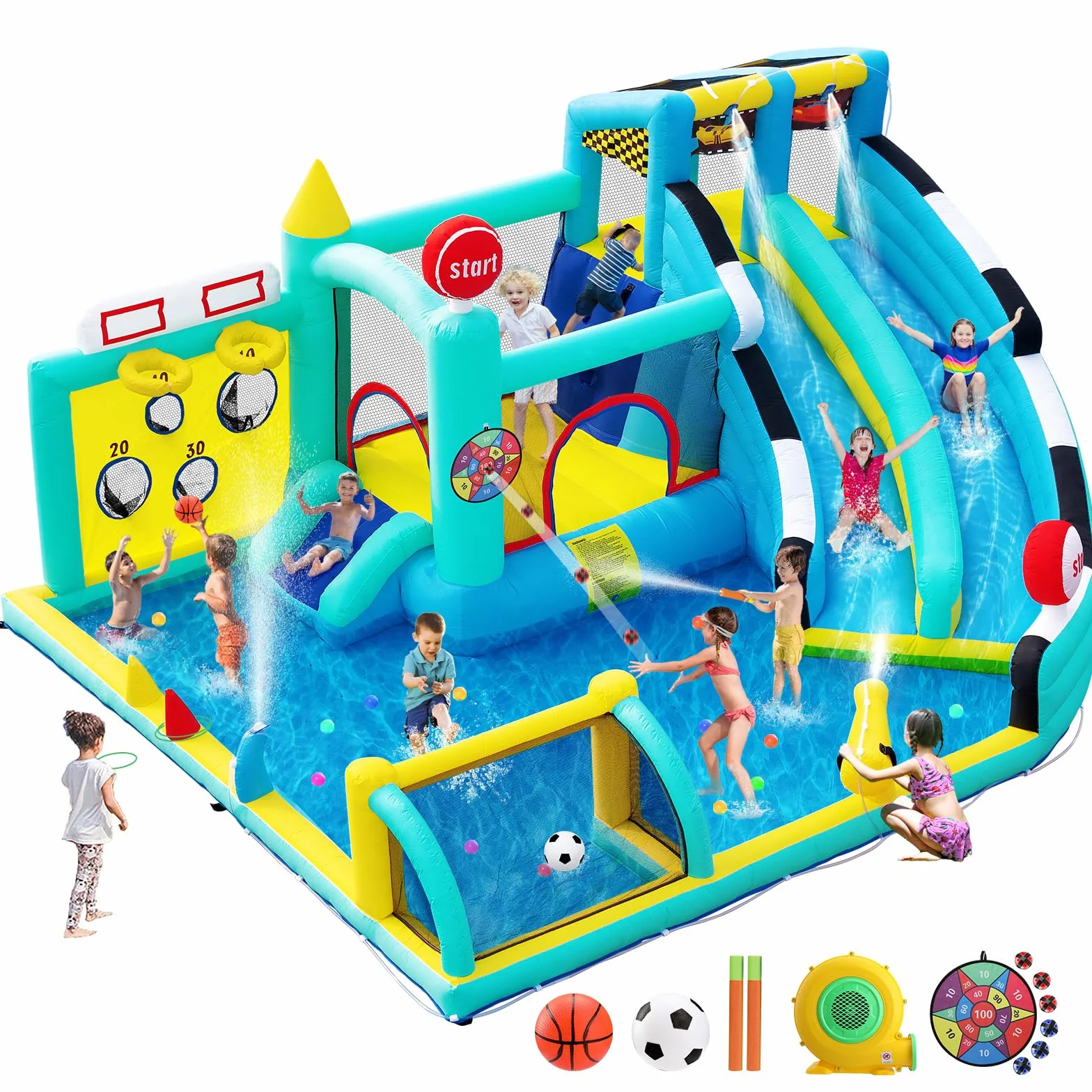 Hüpfburg XXL mit Wasserrutsche, Aufblasbare Bounce House für Kinder Outdoor Indoor, Gebläse, Springen, Planschbecken, Kletterwand, Wasserspray, 470×400×220cm