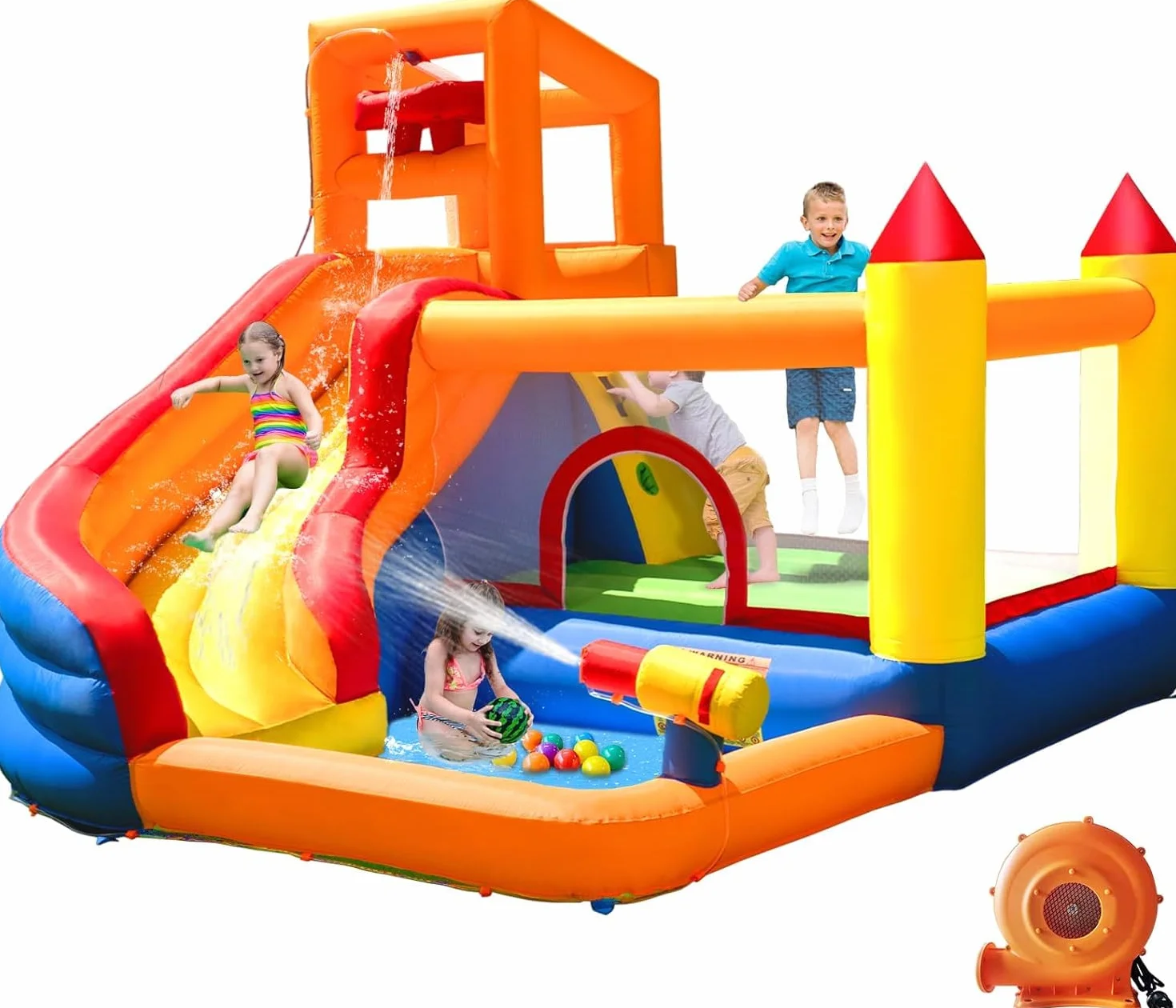 Ballsea Große Hüpfburg mit Gebläse, Trocken-/Wasserrutsche, geeignet für Kinder von 3 bis 10 Jahren, Children's Bouncy Castle for Indoor or Outdoor use 320 x 280 x 232 cm