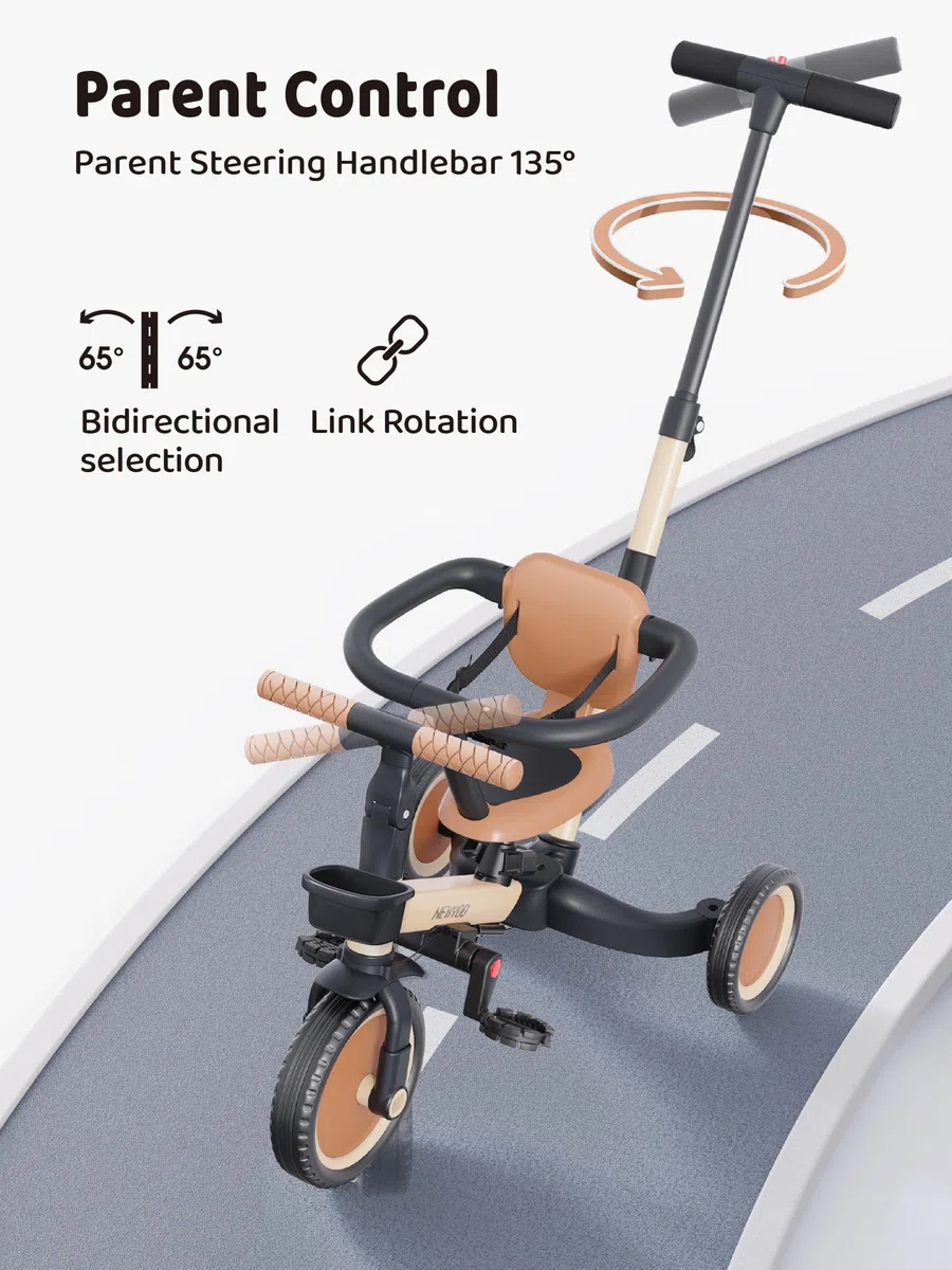 newyoo 5 in 1 Laufrad Dreirad, Dreirad ab 1-3 Jahr, Kinderdreirad mit schubstange, Kinderfahrrad, Laufräder Lauffahrrad inkl. Lenkstange, Sicherheitsbüge, TR008