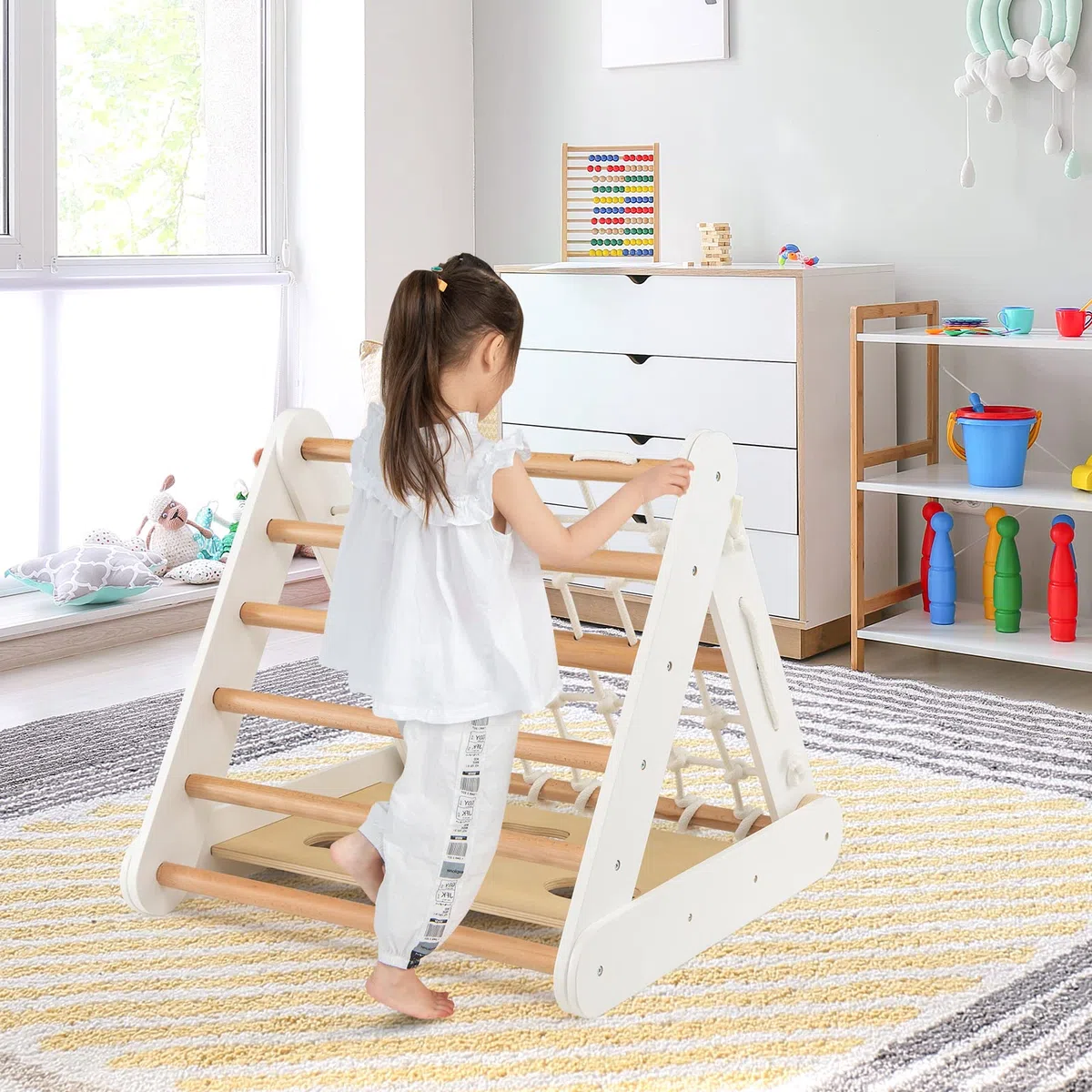 COSTWAY 4 in 1 Kletterdreieck mit Rutsche, Klettergerüst aus Holz, Sprossendreieck zum Rutschen und Klettern, für Kinder ab 1 Jahre (Weiß+Natur)