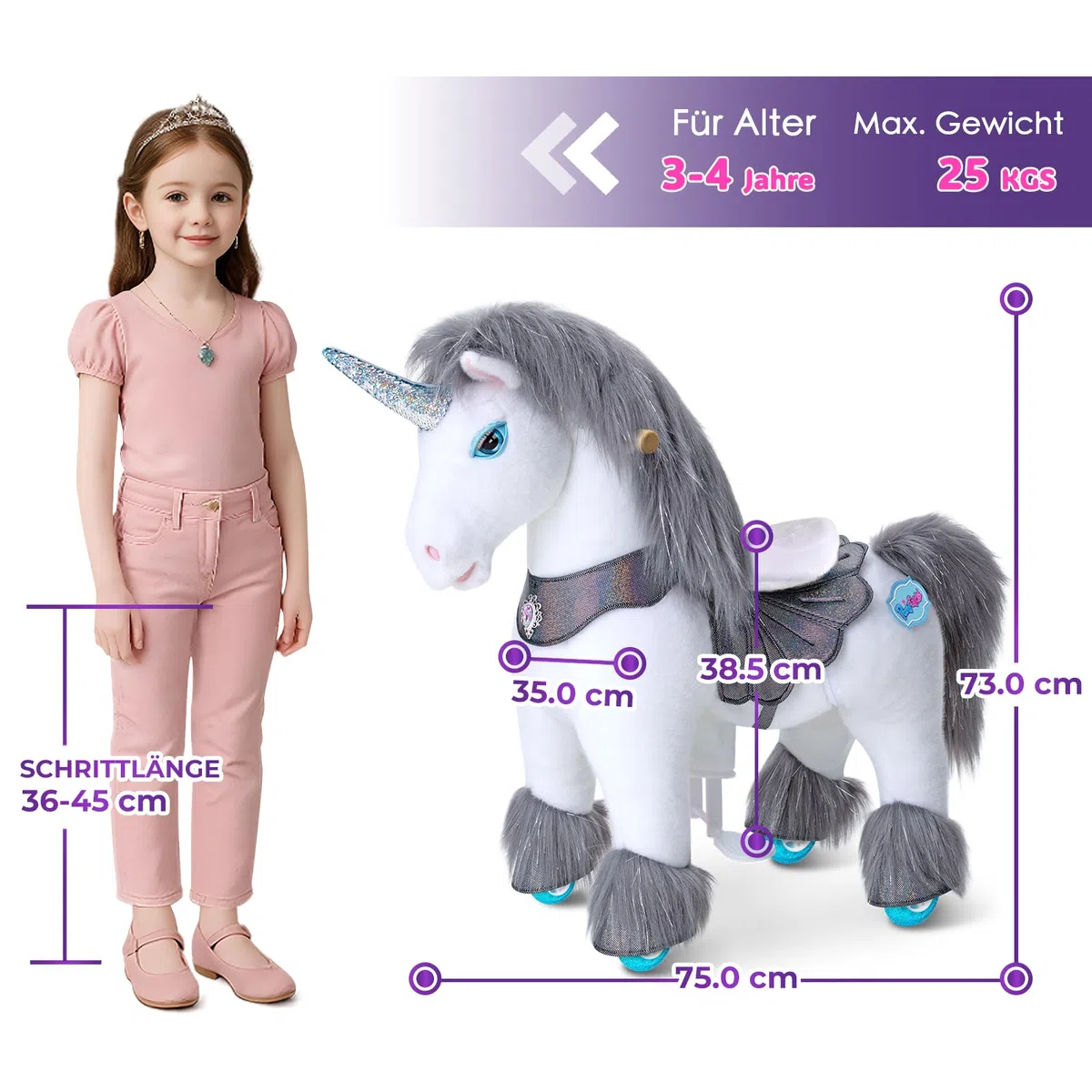PonyCycle Modell Y Einhorn zum Reiten | Grau | 3-4 Jahre | mit Bremse | Reit-Einhorn für Kinder, Pailletten-Horn & 4 Sounds, beweglicher Sattel, Handbremse, leise Räder, Indoor & Outdoor, Größe 3
