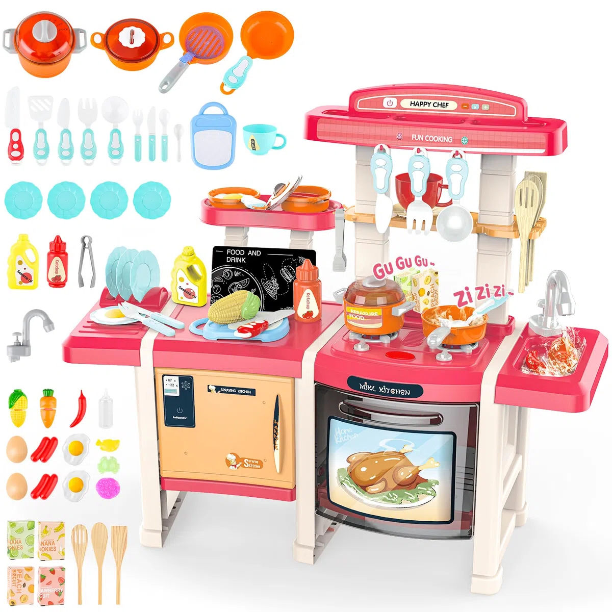 deAO Kinderküche Spielküche mit Licht Ton Wasser Dampf und 45Pcs Küchenzubehör, Kinder-Küchenspielset für Kinder ab 3 Jahren