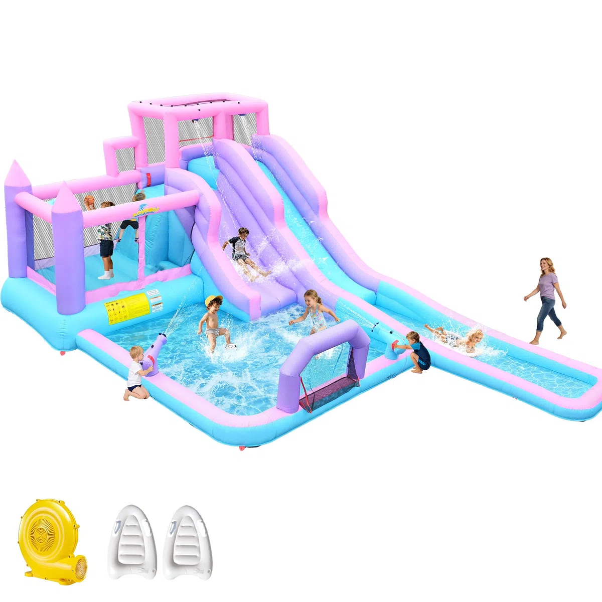 8-in-1 Aufblasbarer Wasserrutschen-Park, 6,1 m x 3,6 m Hinterhof-Hüpfhaus mit 5,5 m langer Rutsche & 2 Bodyboards, Kinder-Wasserrutschen für 3-10 Jahre, inklusive 650-W-Gebläse