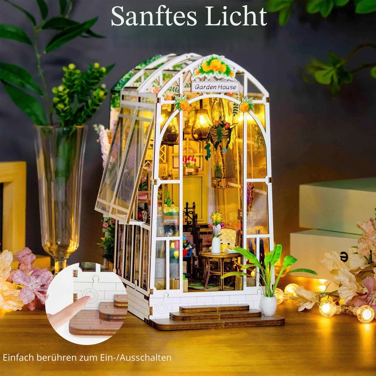 Shrike Book Nook Kit, DIY Puppenhaus, Booknook Kit, Miniatur Haus Selber Bauen Bausatz mit LED-Beleuchtung, 3D Holz Puzzle Buchstütze Bücherregal Einfügen Dekor für Erwachsene (Sunshine Garden House)