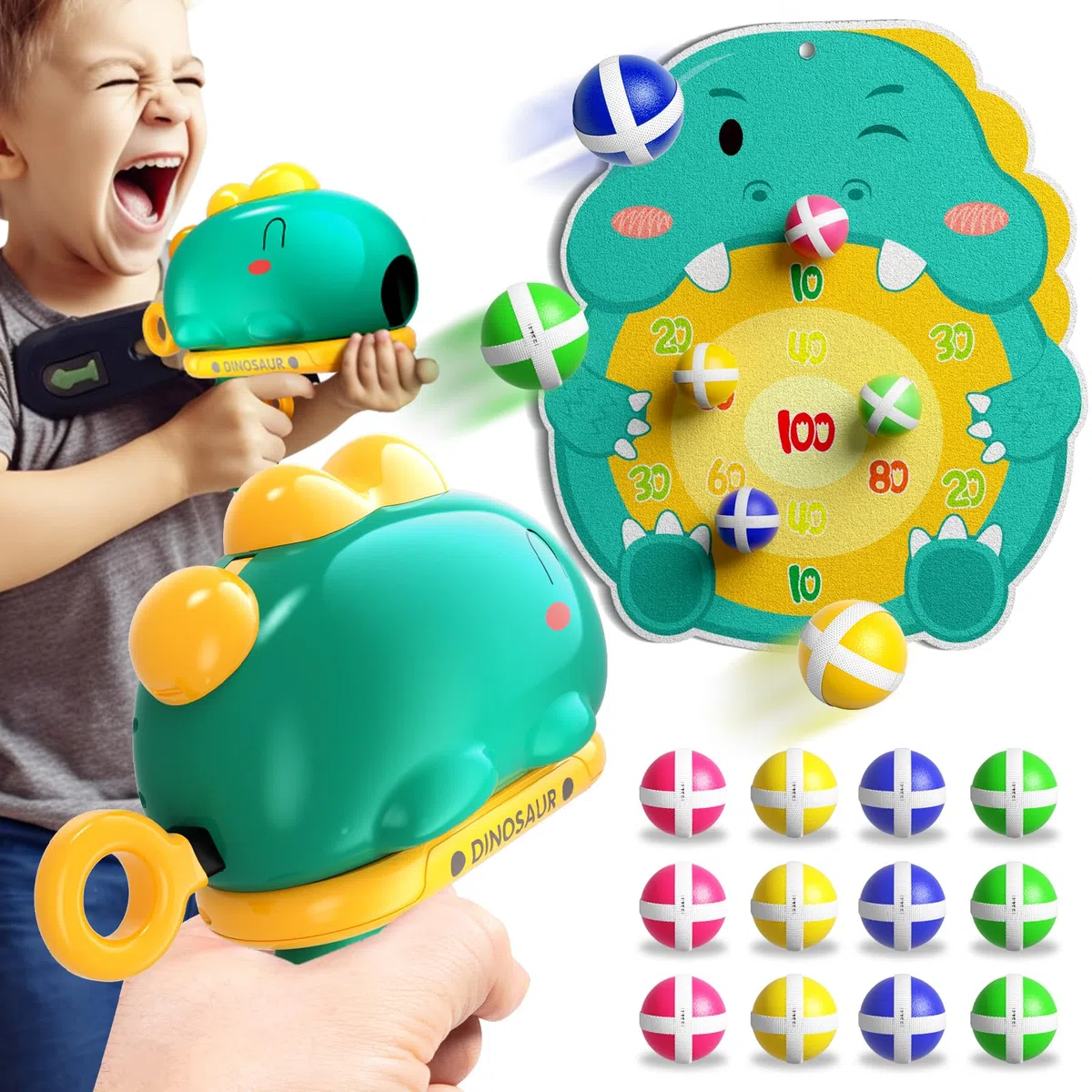 Doloowee Dinosaurier Dartscheibe Schießspielzeug, Wurfspiel mit Zielscheibe, 12 Klebrigen Bällen, Indoor Outdoor, Grün